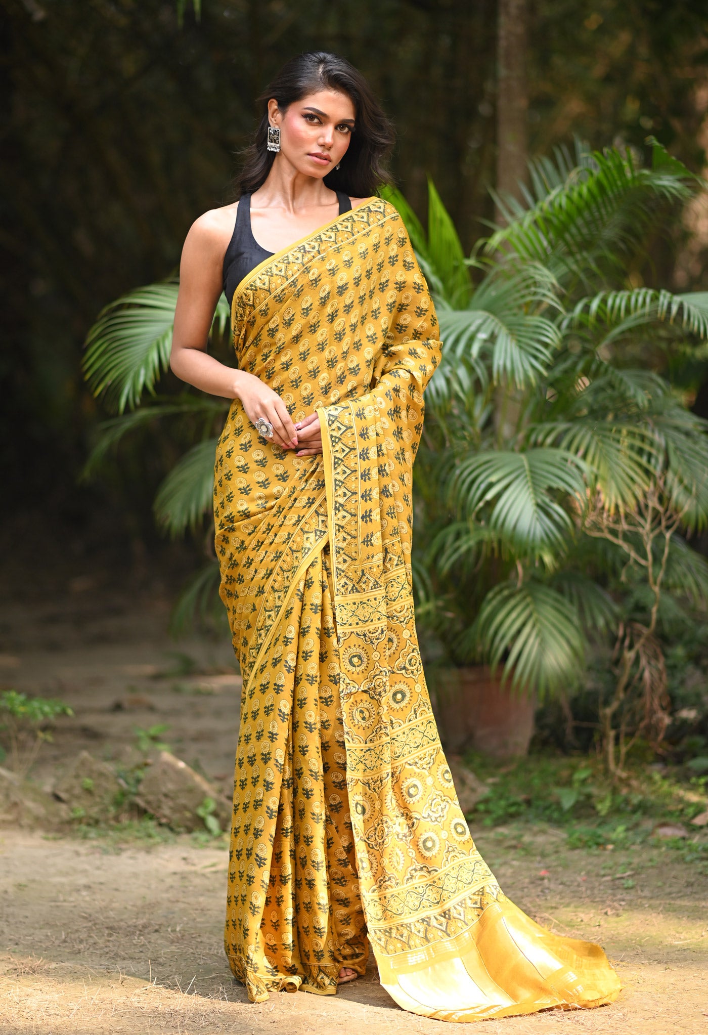 Yellow Pure Ajrakh Printed Gaji Soft Silk Saree-UNM81025