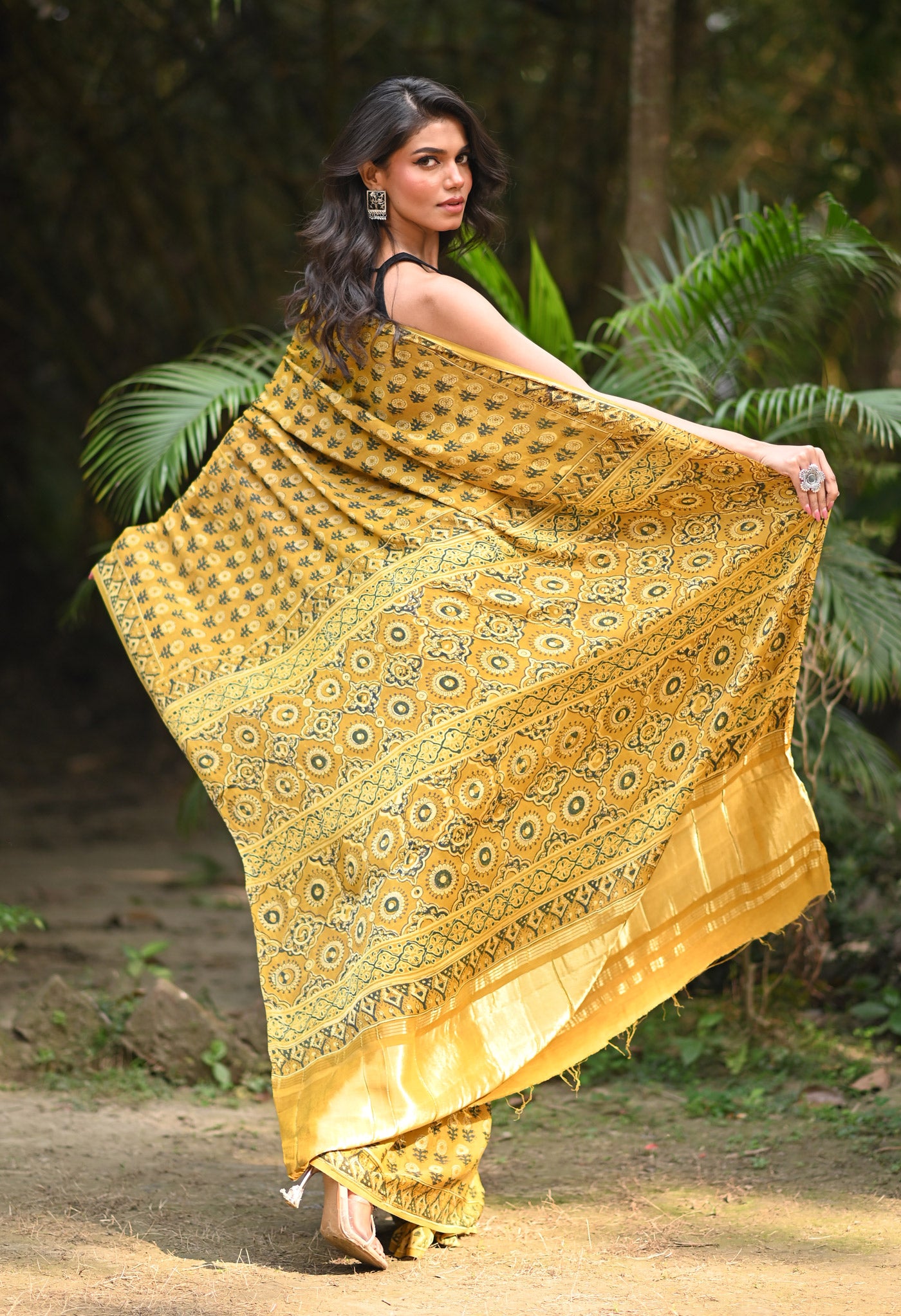 Yellow Pure Ajrakh Printed Gaji Soft Silk Saree-UNM81025