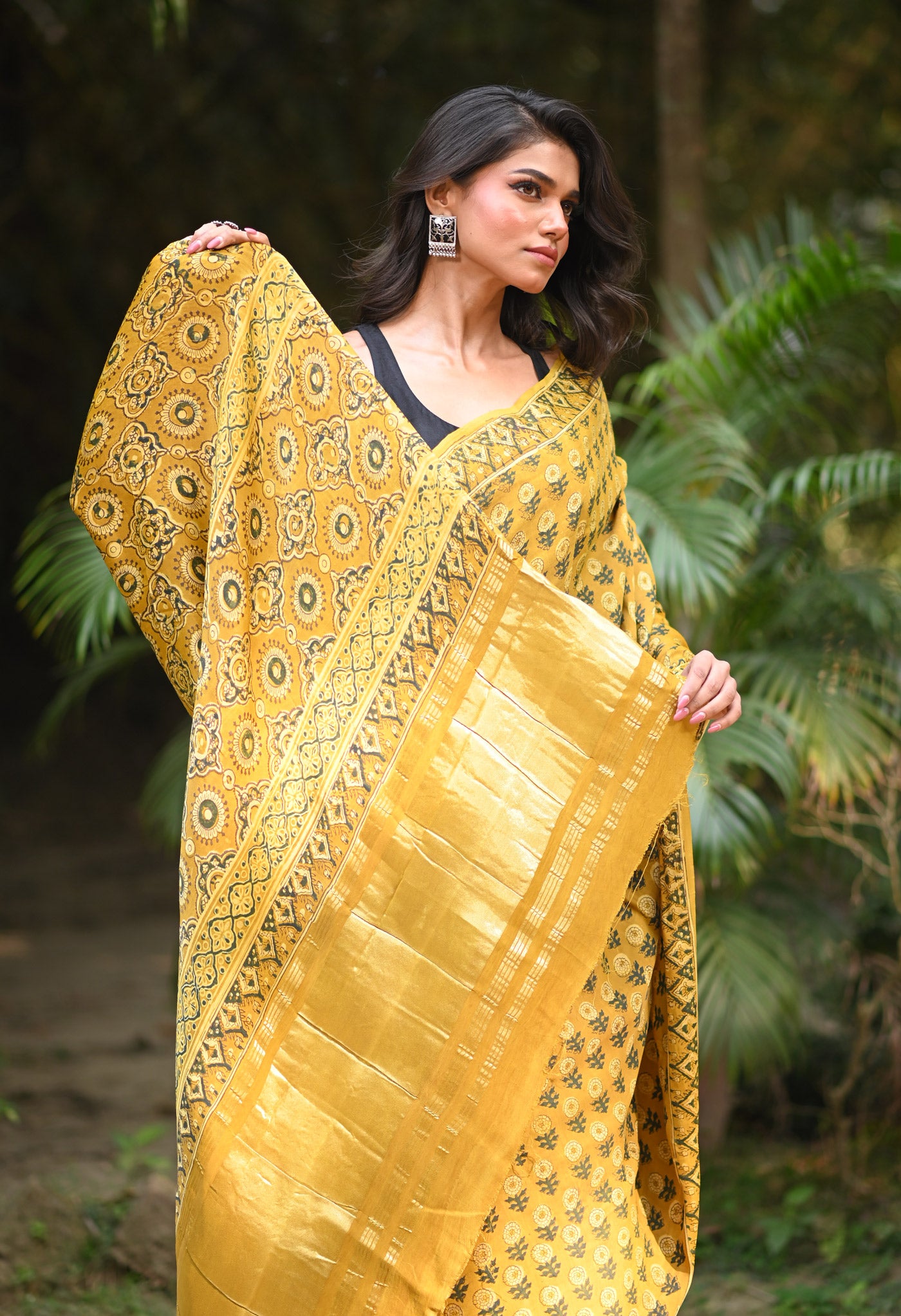 Yellow Pure Ajrakh Printed Gaji Soft Silk Saree-UNM81025