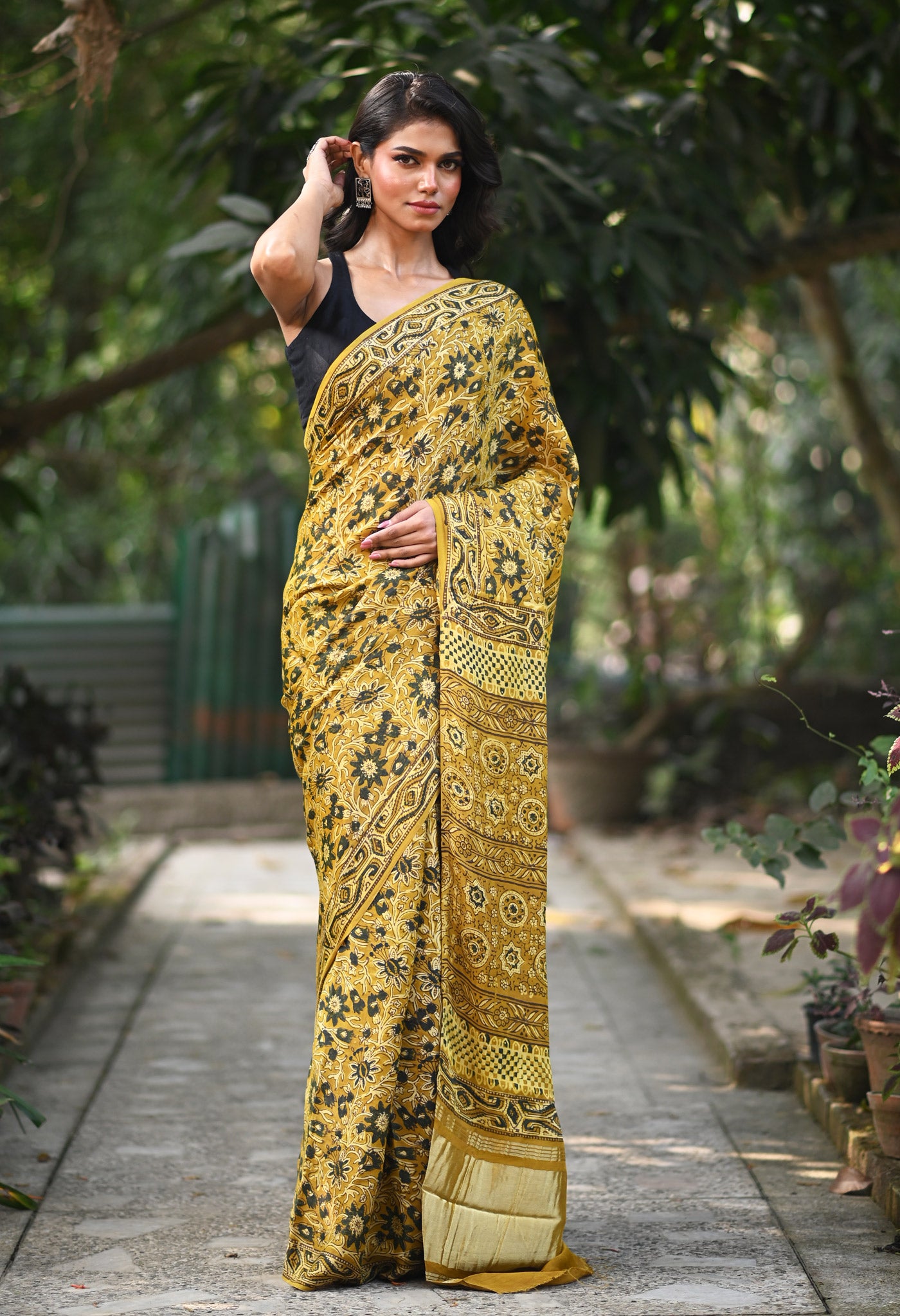 Yellow Pure Ajrakh Printed Gaji Soft Silk Saree-UNM81027