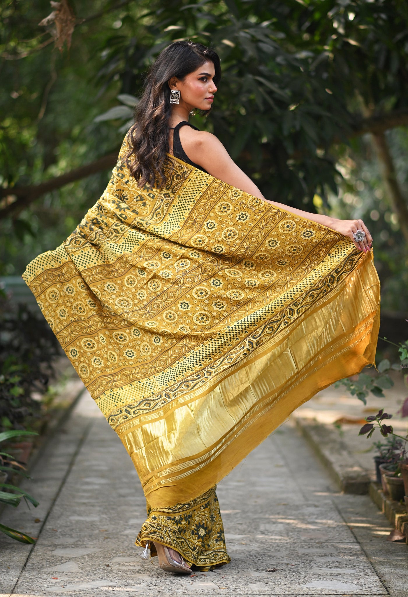 Yellow Pure Ajrakh Printed Gaji Soft Silk Saree-UNM81027