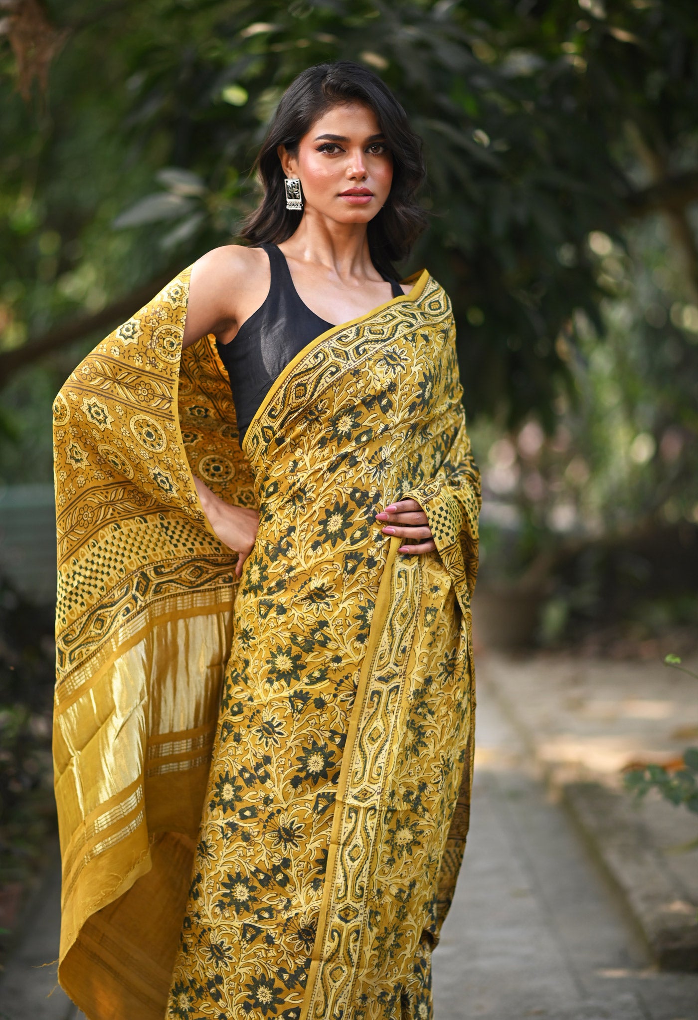 Yellow Pure Ajrakh Printed Gaji Soft Silk Saree-UNM81027