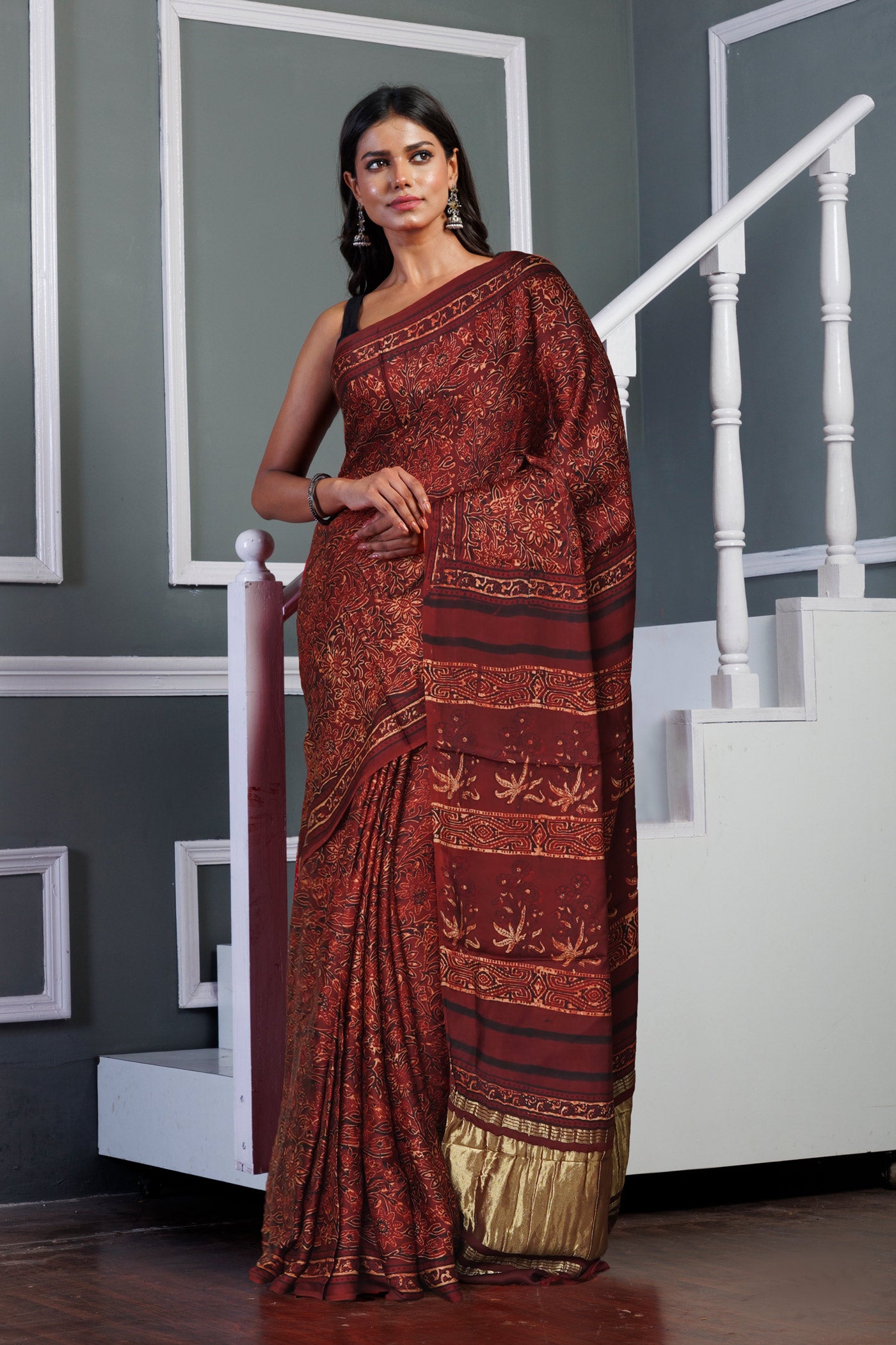 Red Pure Ajrakh Printed Gaji Soft Silk Saree-UNM81029