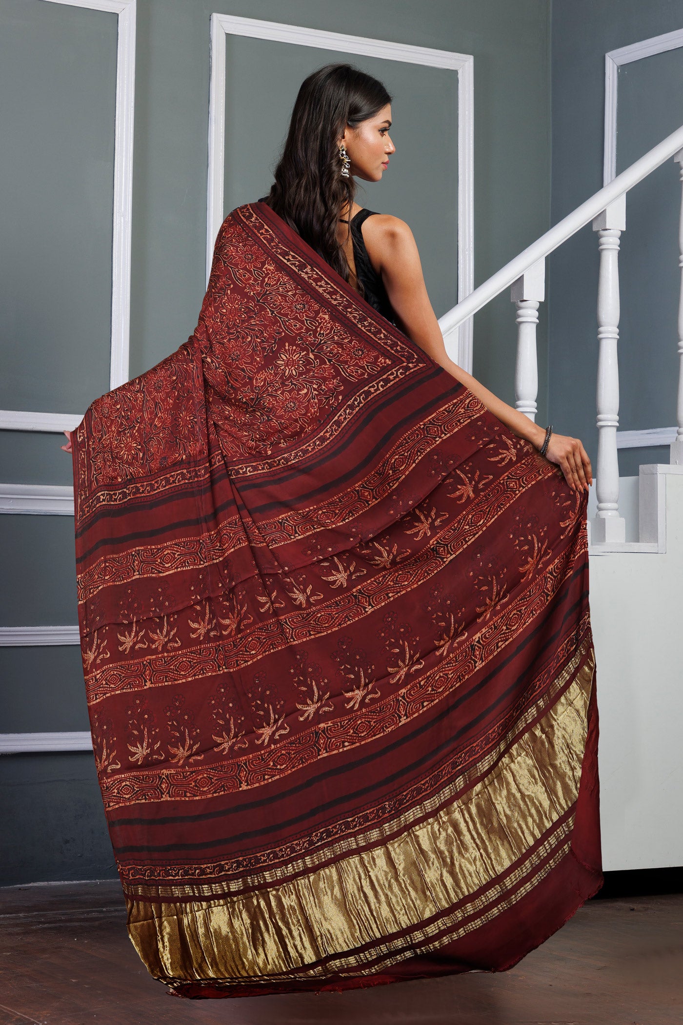 Red Pure Ajrakh Printed Gaji Soft Silk Saree-UNM81029