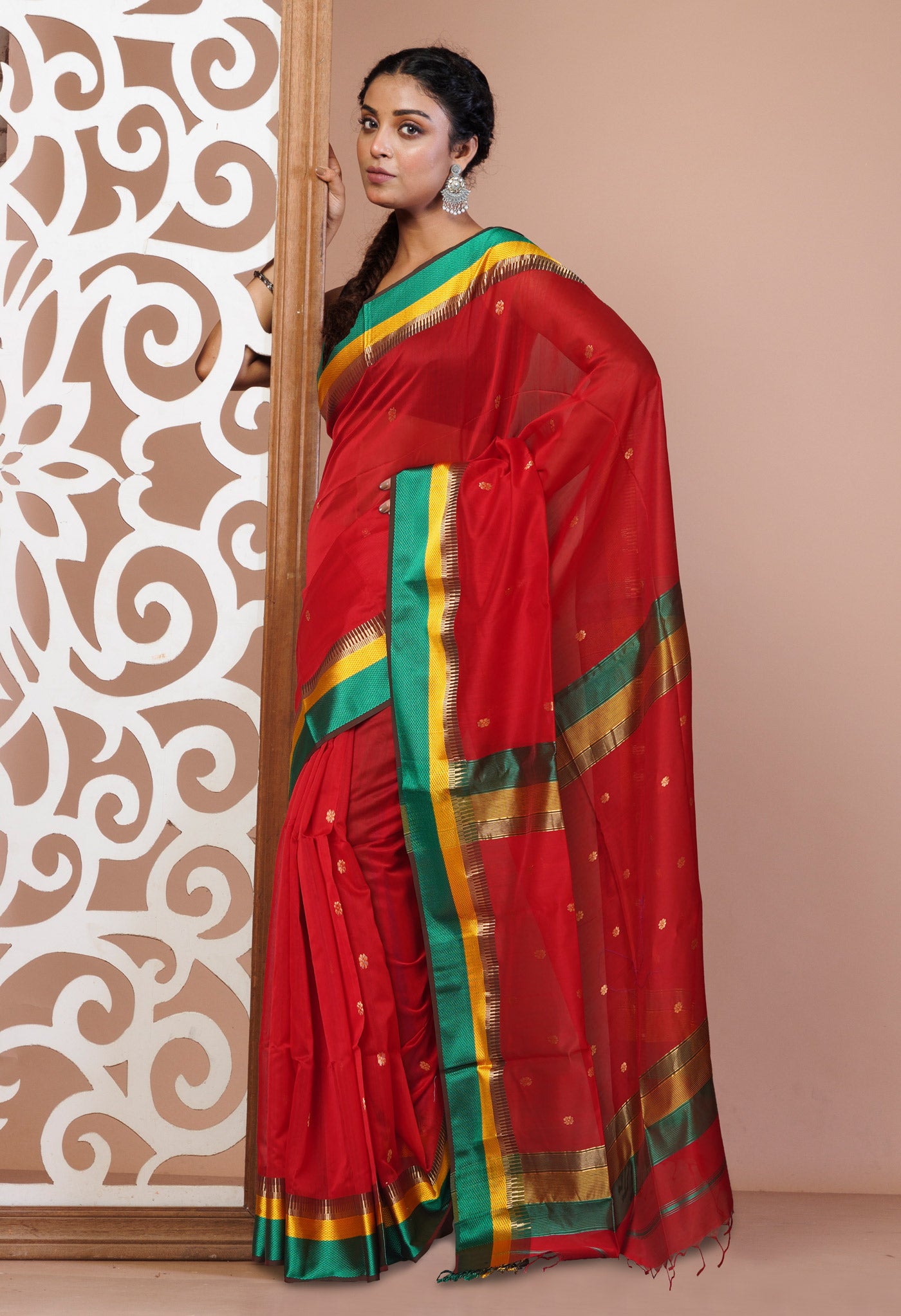 Red Pure Handloom Maheshwari Sico Saree-UNM81031