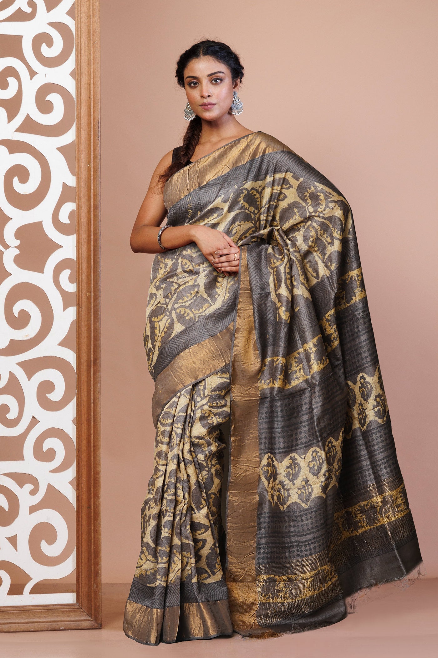 Multi Pure Handloom Vanaspati Block Printed Tussar Silk Saree-UNM81040