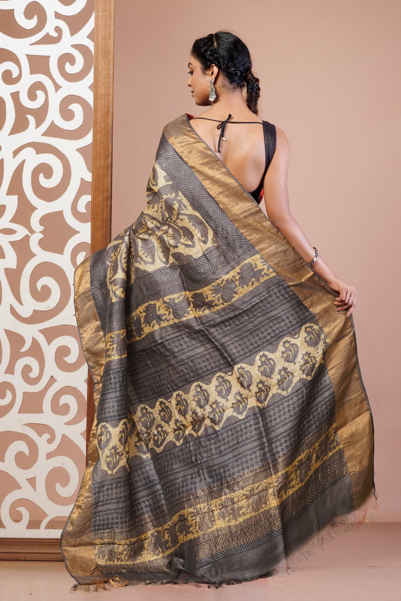 Multi Pure Handloom Vanaspati Block Printed Tussar Silk Saree-UNM81040