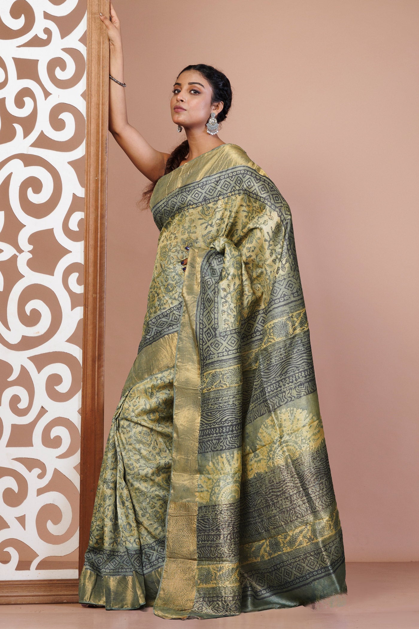 Multi Pure Handloom Vanaspati Block Printed Tussar Silk Saree-UNM81041