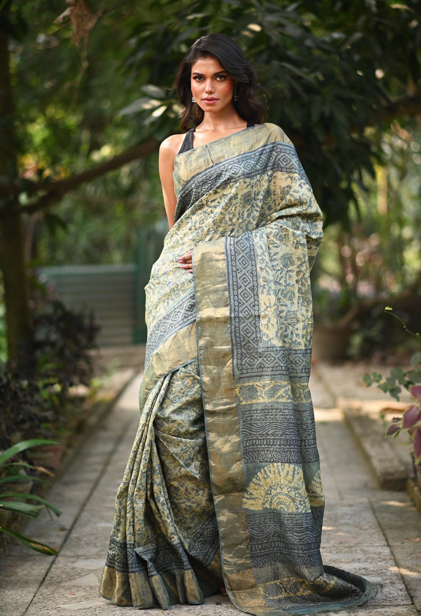 Multi Pure Handloom Vanaspati Block Printed Tussar Silk Saree-UNM81041