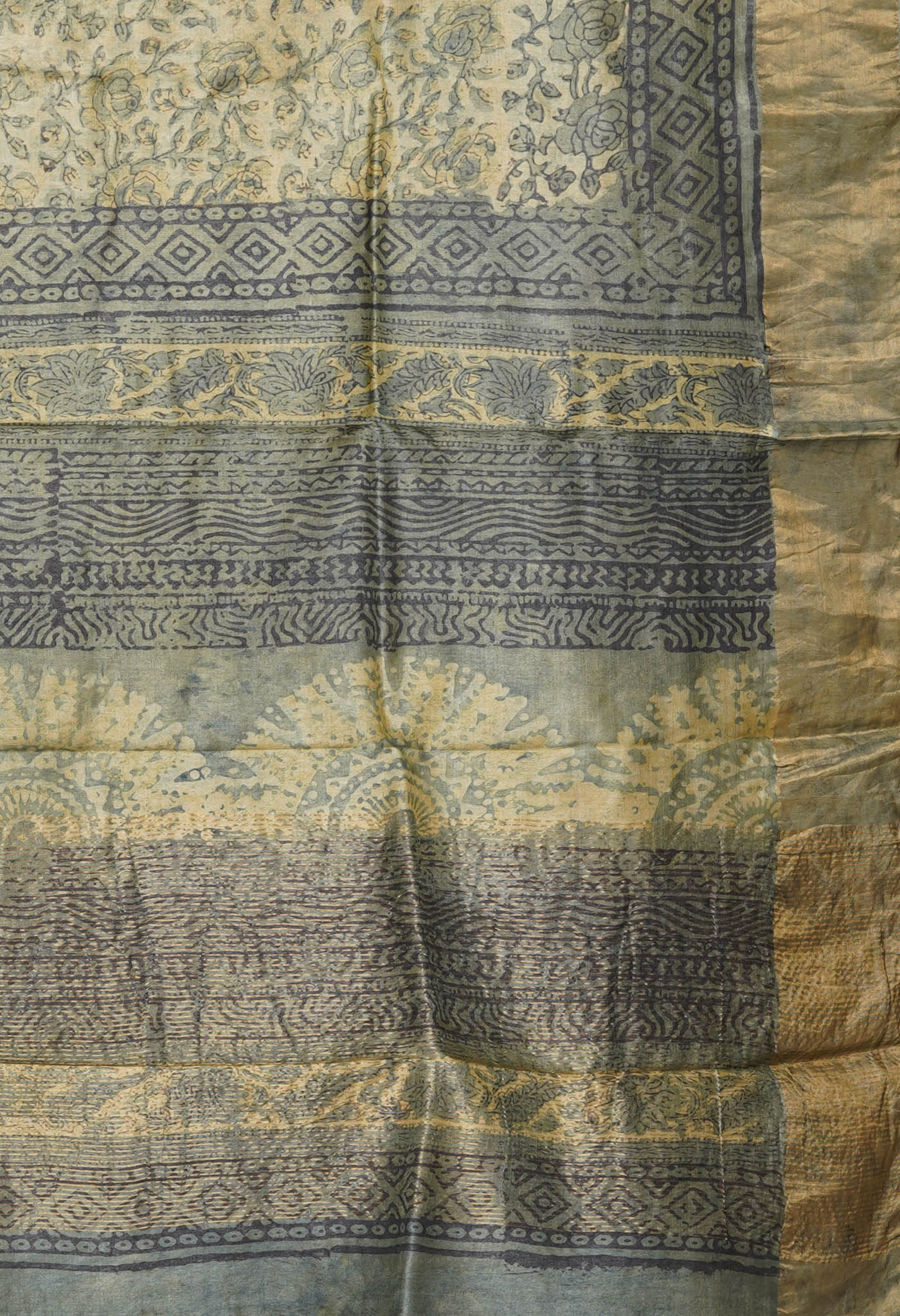 Multi Pure Handloom Vanaspati Block Printed Tussar Silk Saree-UNM81041