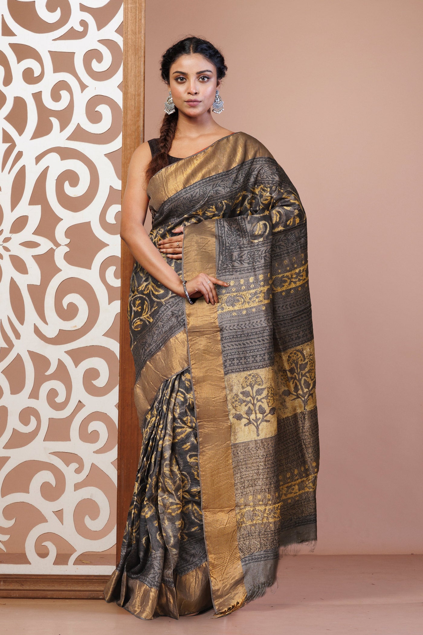 Multi Pure Handloom Vanaspati Block Printed Tussar Silk Saree-UNM81042