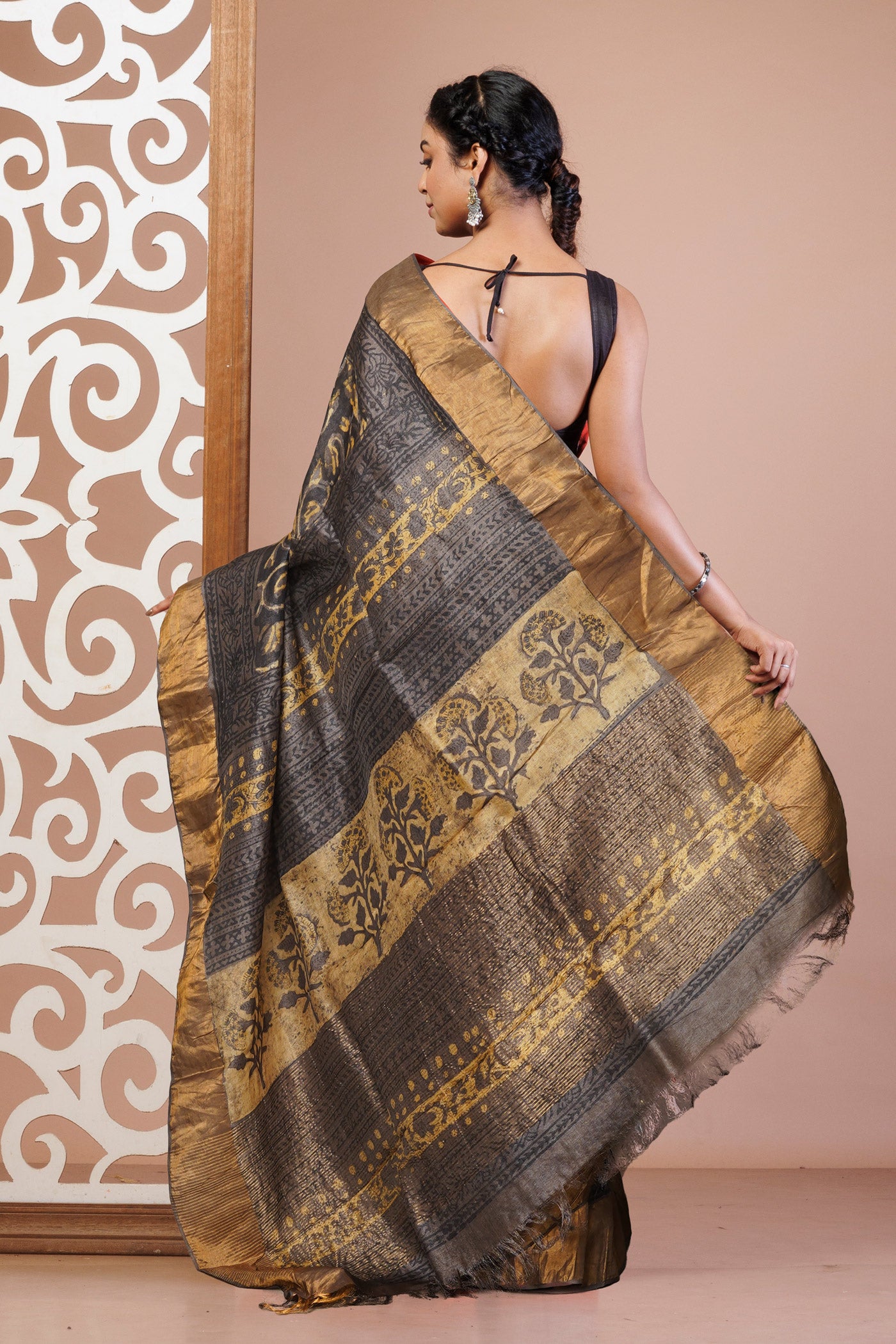 Multi Pure Handloom Vanaspati Block Printed Tussar Silk Saree-UNM81042