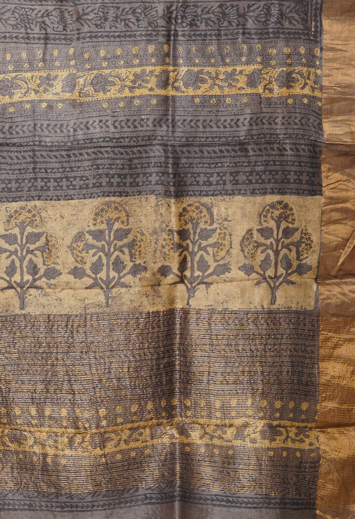 Multi Pure Handloom Vanaspati Block Printed Tussar Silk Saree-UNM81042