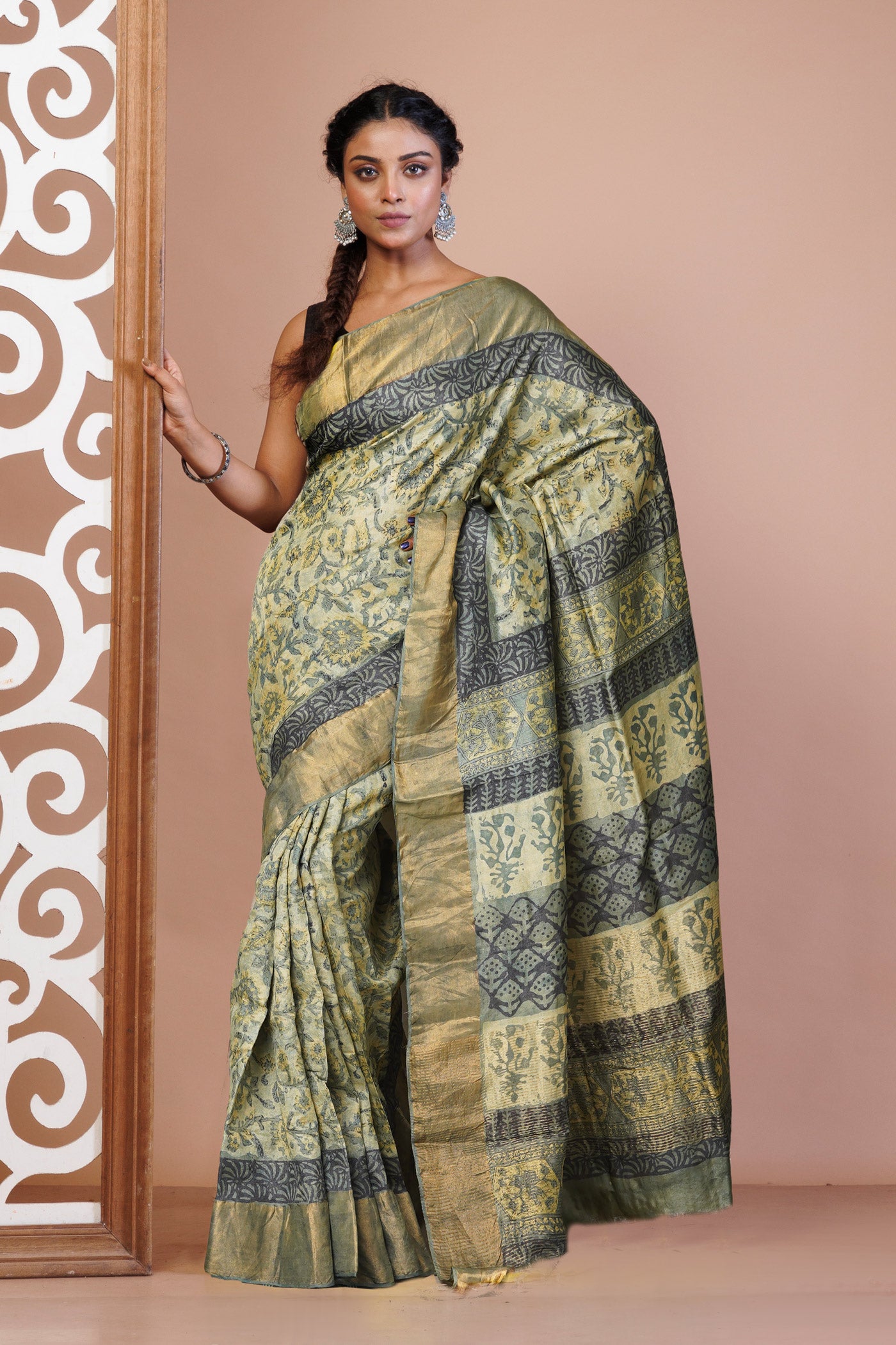 Multi Pure Handloom Vanaspati Block Printed Tussar Silk Saree-UNM81043