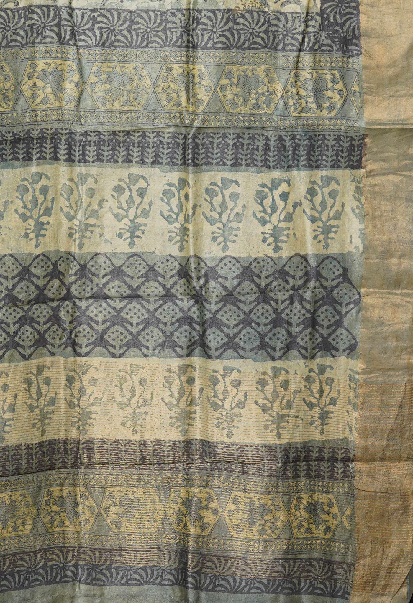 Multi Pure Handloom Vanaspati Block Printed Tussar Silk Saree-UNM81043