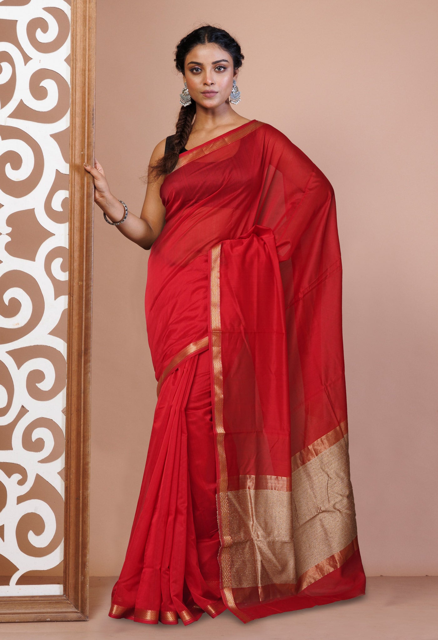 Red Pure Handloom Maheshwari Sico Saree-UNM81045