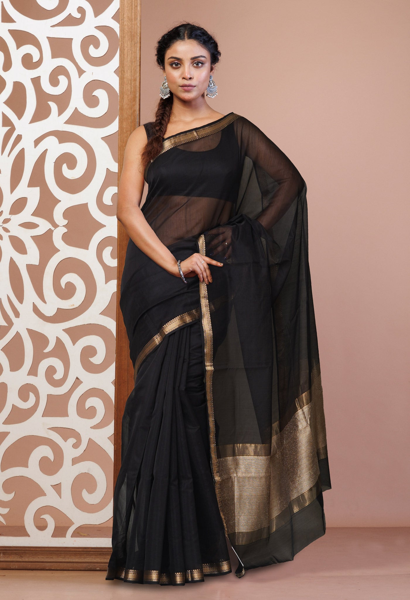 Black Pure Handloom Maheshwari Sico Saree-UNM81046