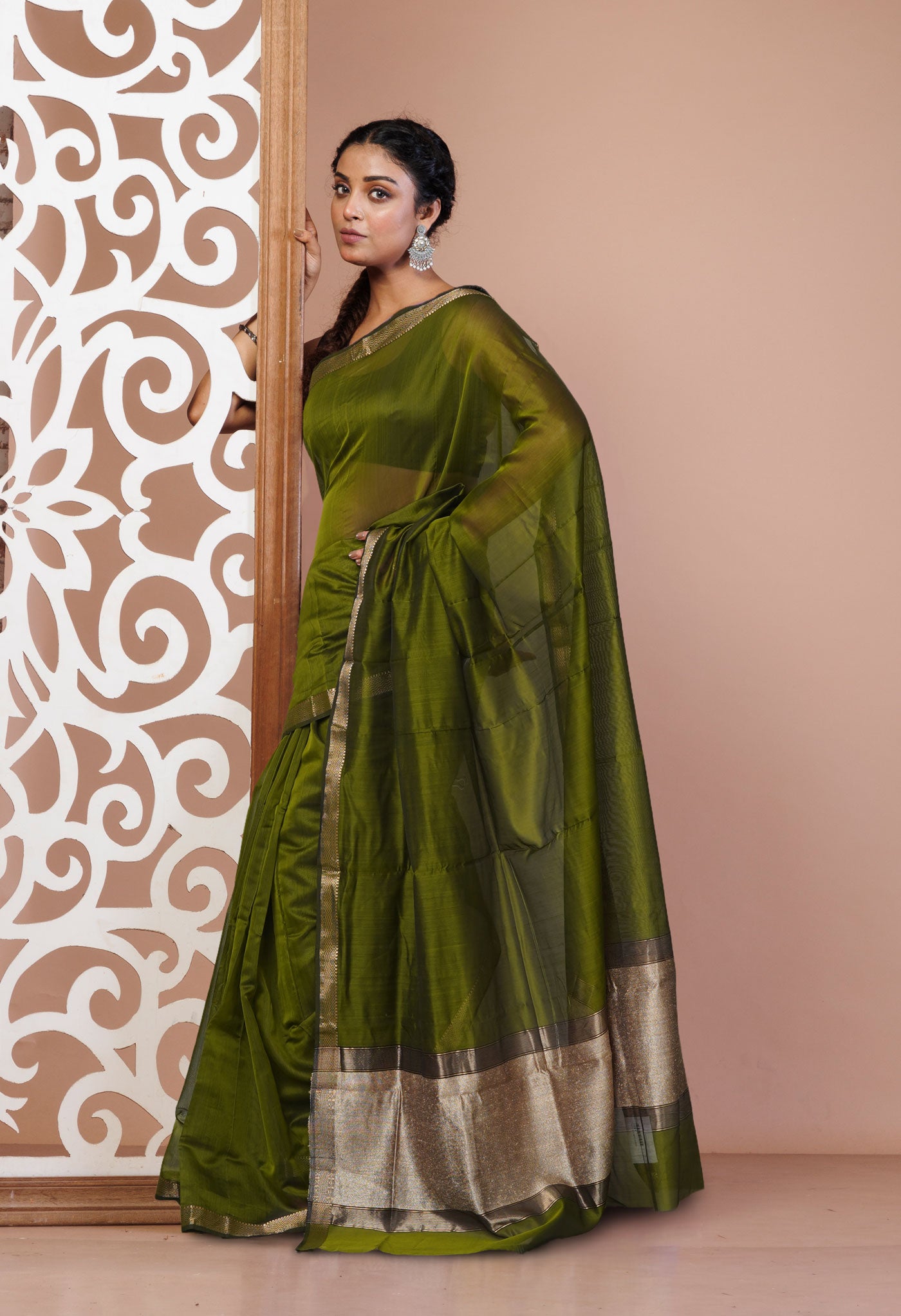 Olive Green Pure Handloom Maheshwari Sico Saree-UNM81051