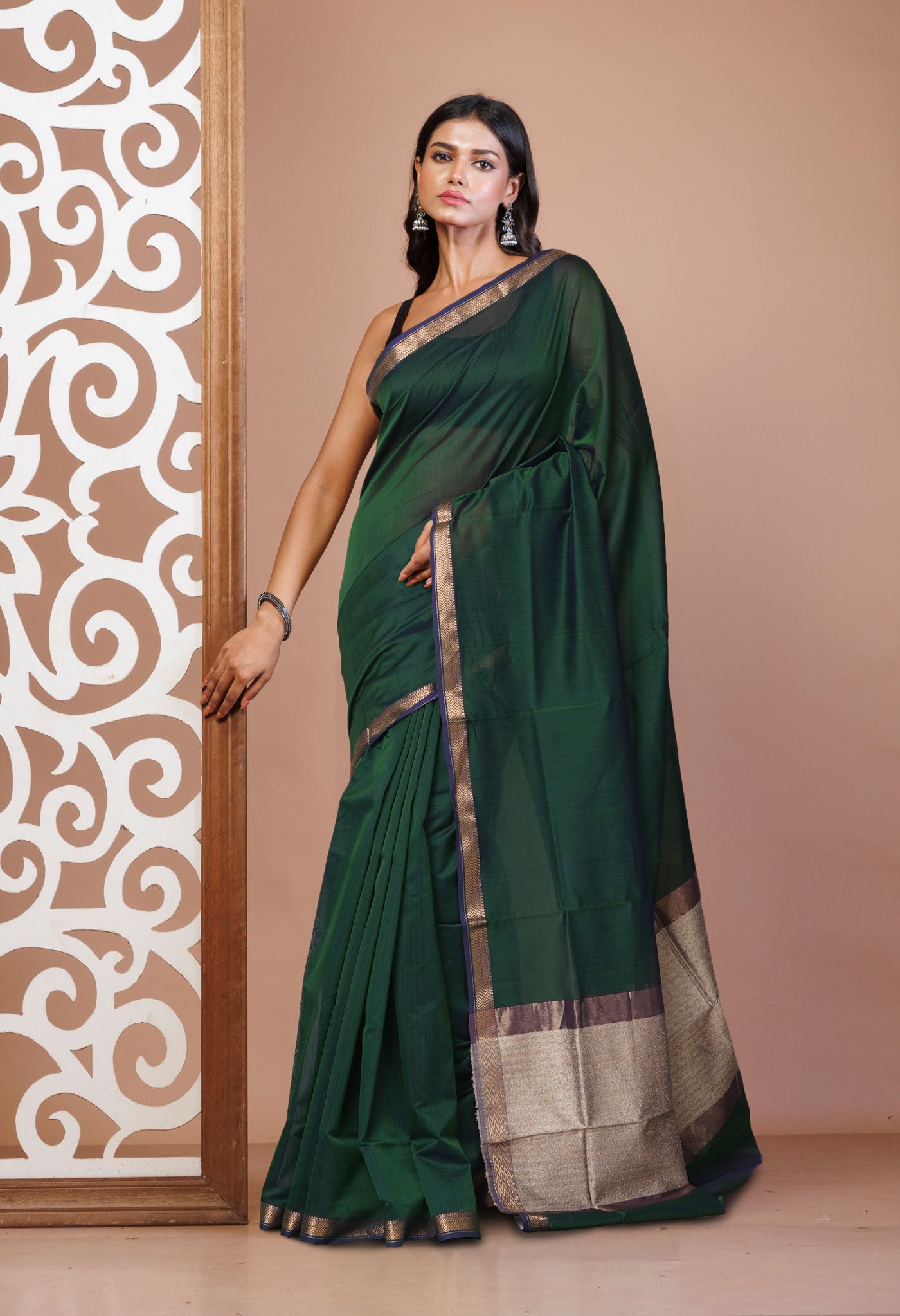 Dark Green Pure Handloom Maheshwari Sico Saree-UNM81053