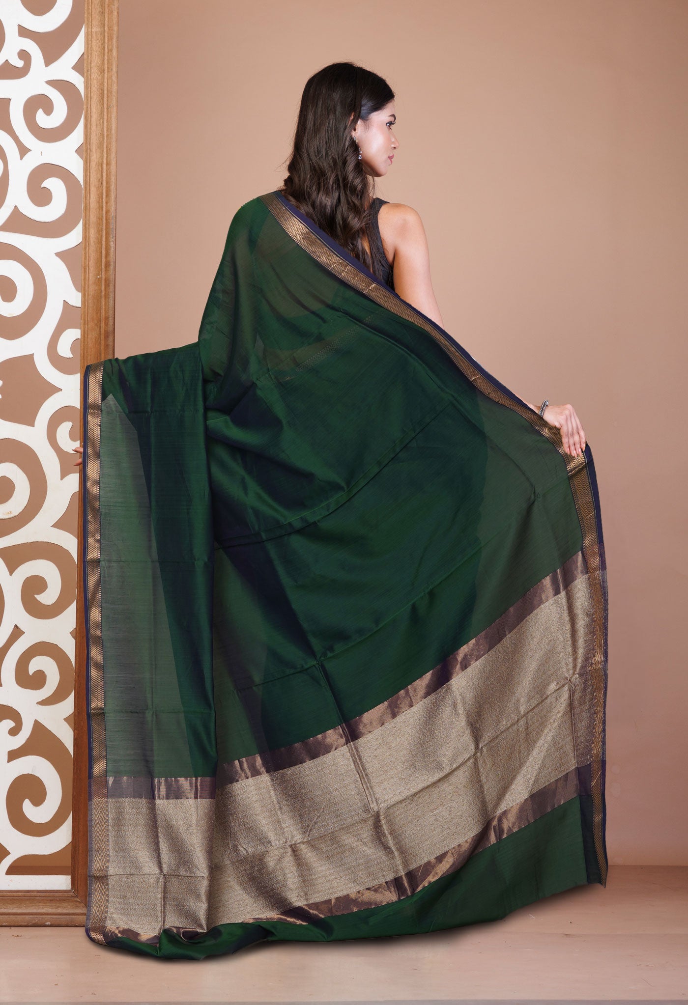 Dark Green Pure Handloom Maheshwari Sico Saree-UNM81053