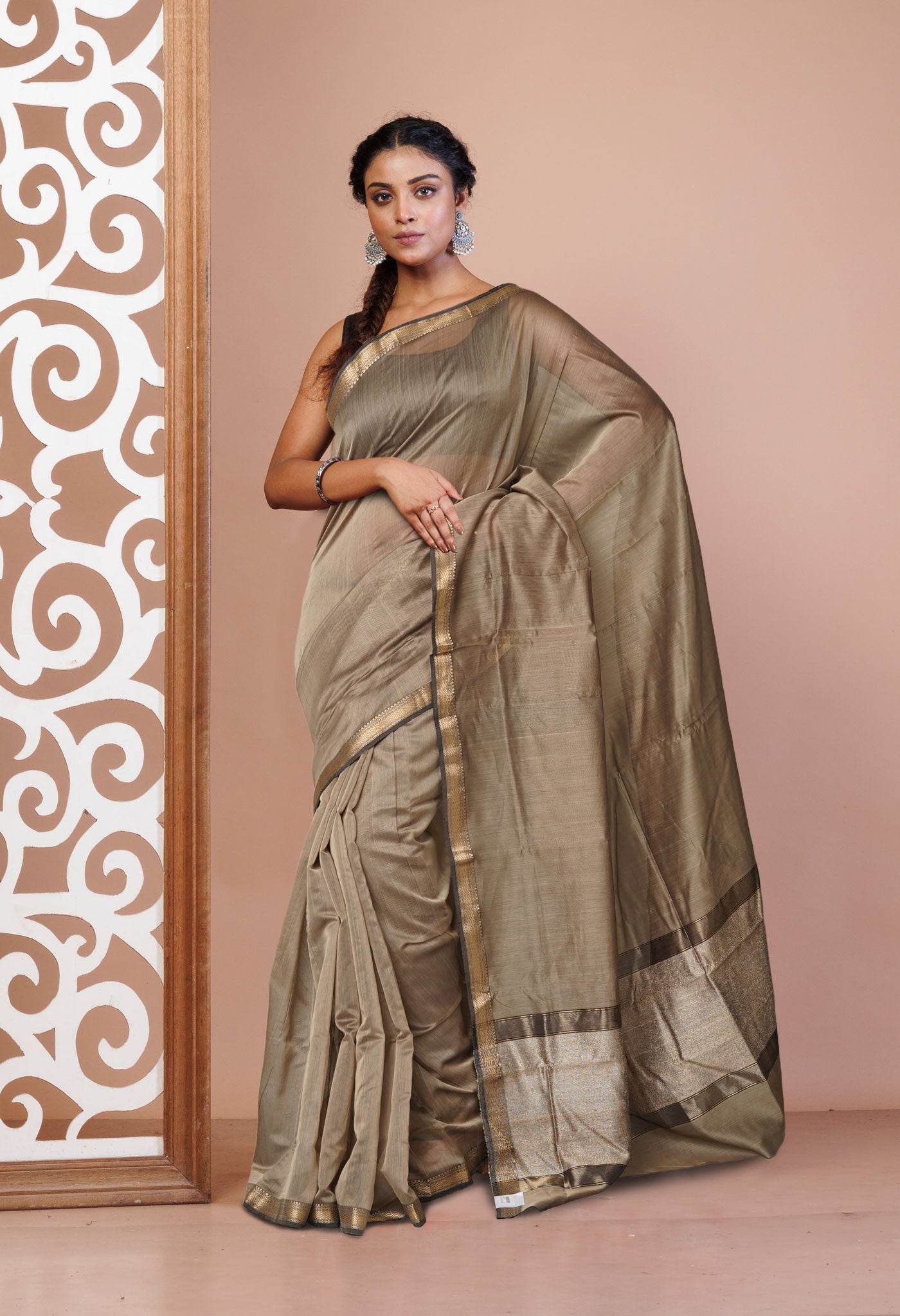 Cream Pure Handloom Maheshwari Sico Saree-UNM81054