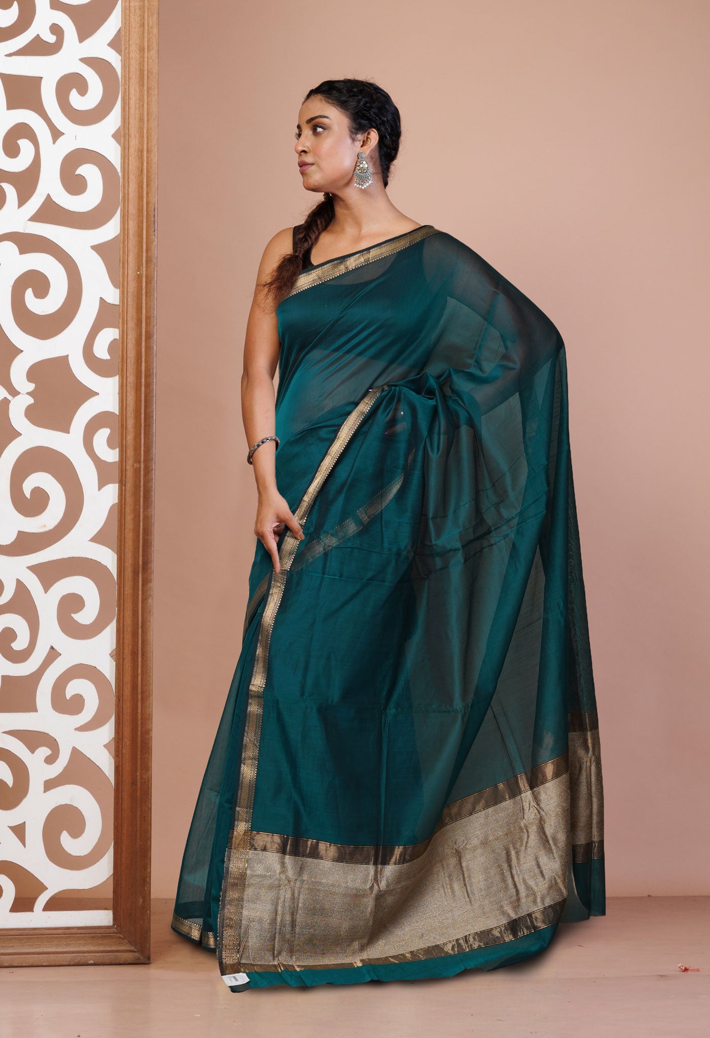 Peacock Green Pure Handloom Maheshwari Sico Saree-UNM81056