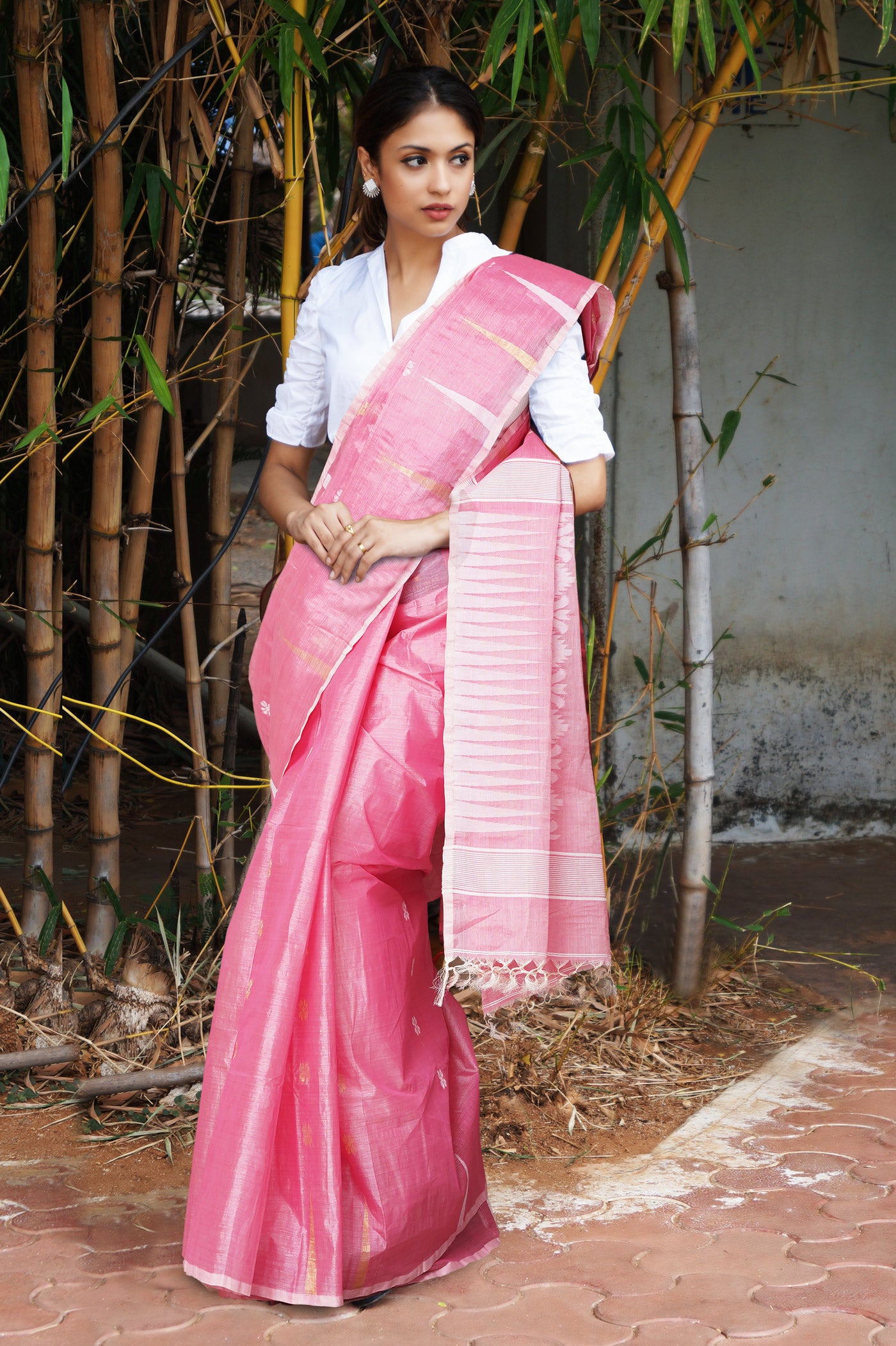 Pink PureHandloom Tussar Jamdhani Bengal Cotton Saree-UNM81062