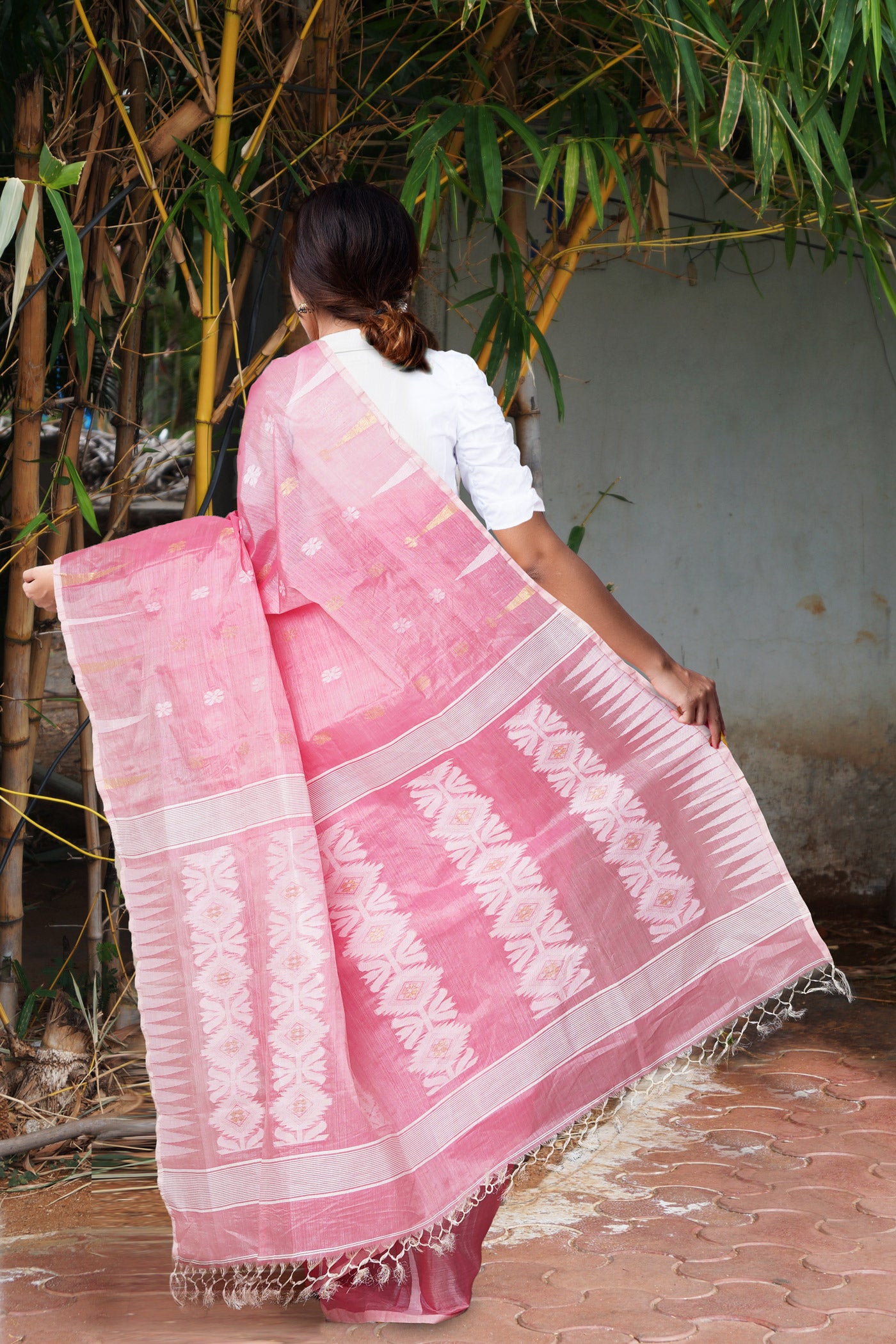 Pink PureHandloom Tussar Jamdhani Bengal Cotton Saree-UNM81062