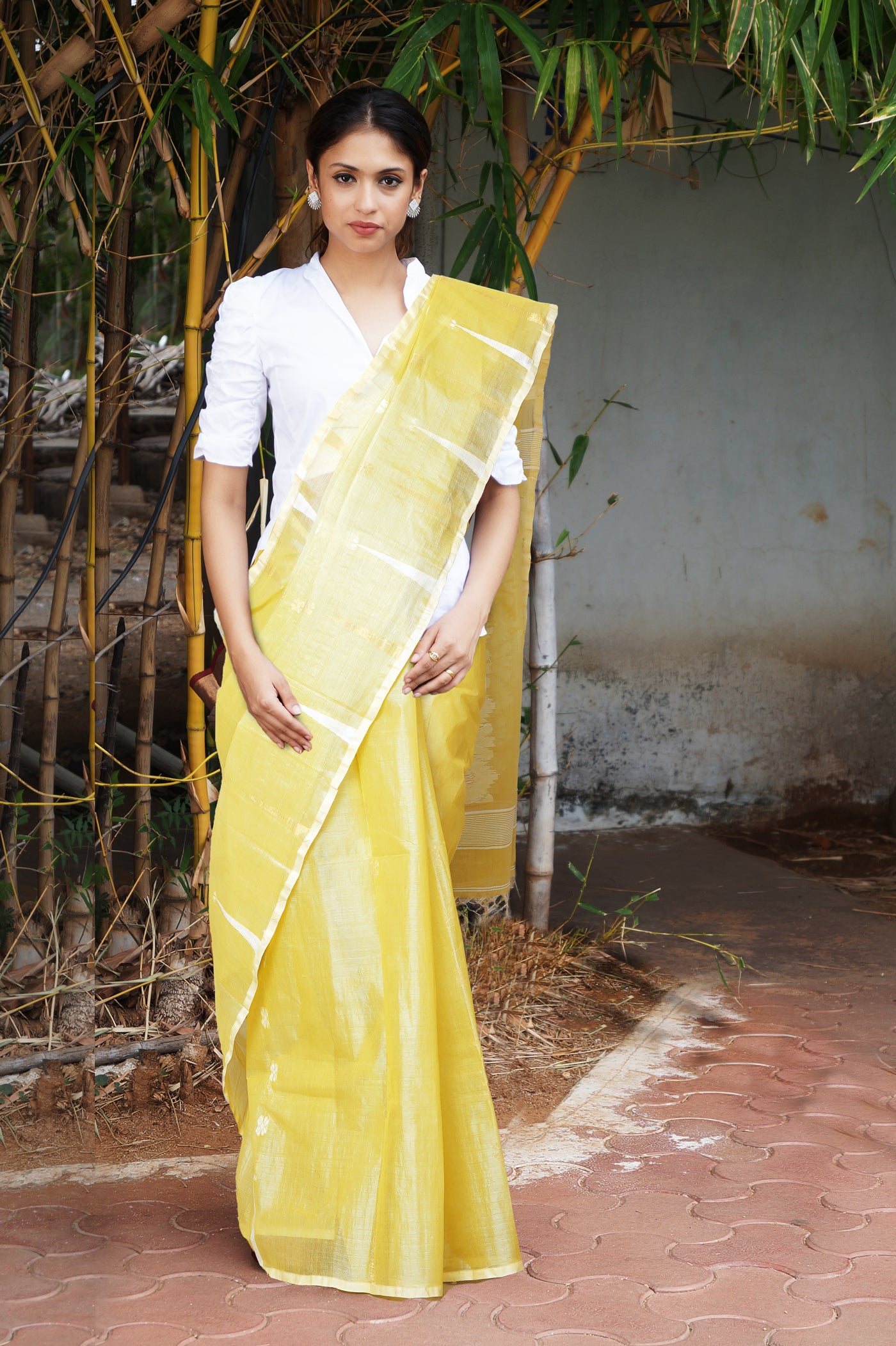 Yellow Pure Handloom Tussar Jamdhani Bengal Cotton Saree-UNM81063