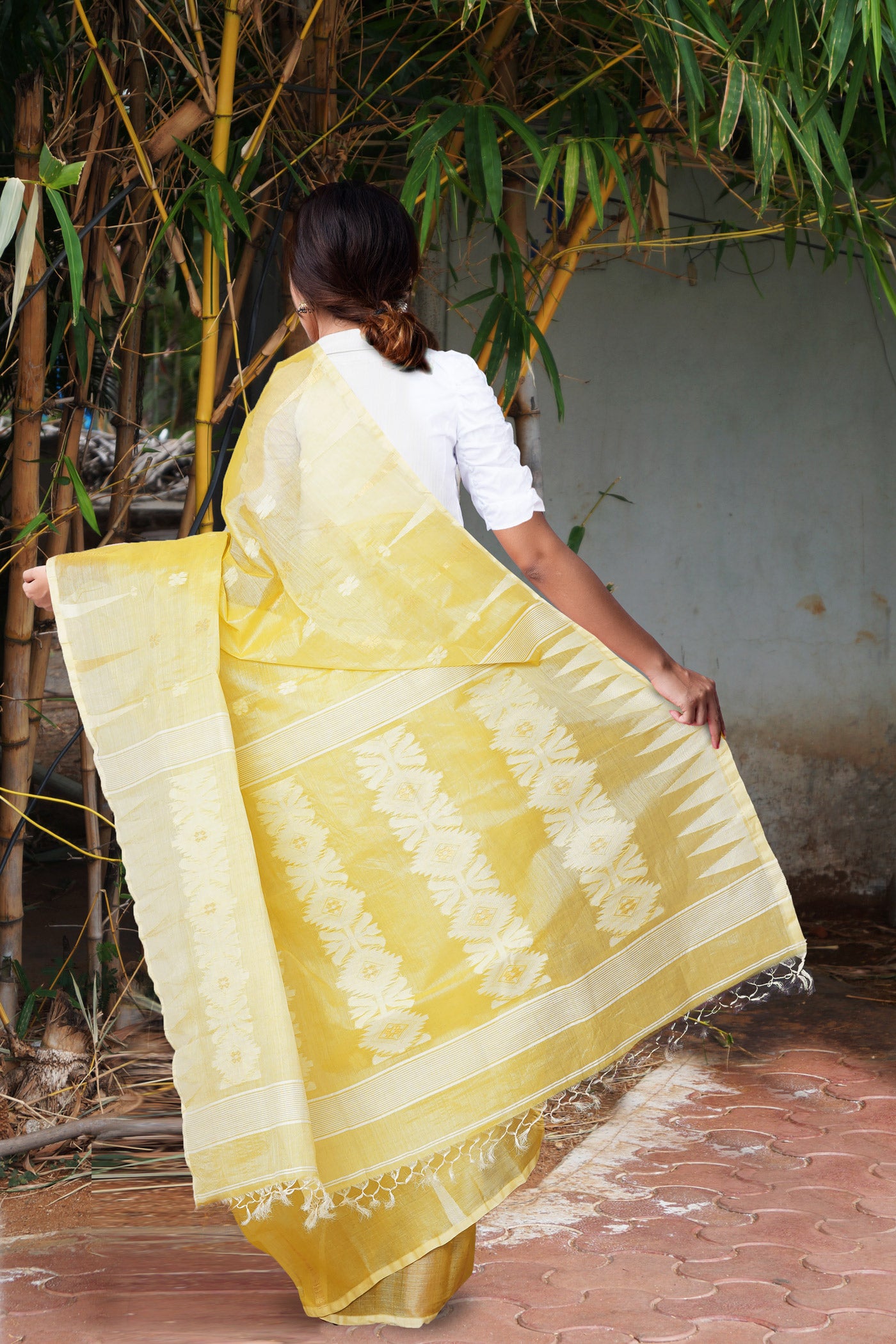 Yellow Pure Handloom Tussar Jamdhani Bengal Cotton Saree-UNM81063