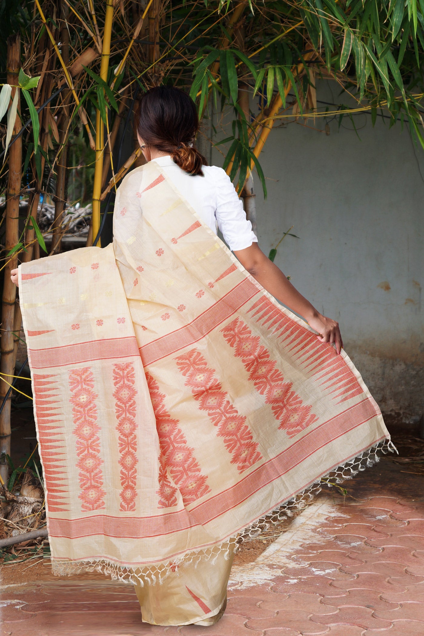 Cream Pure Handloom Tussar Jamdhani Bengal Cotton Saree-UNM81064