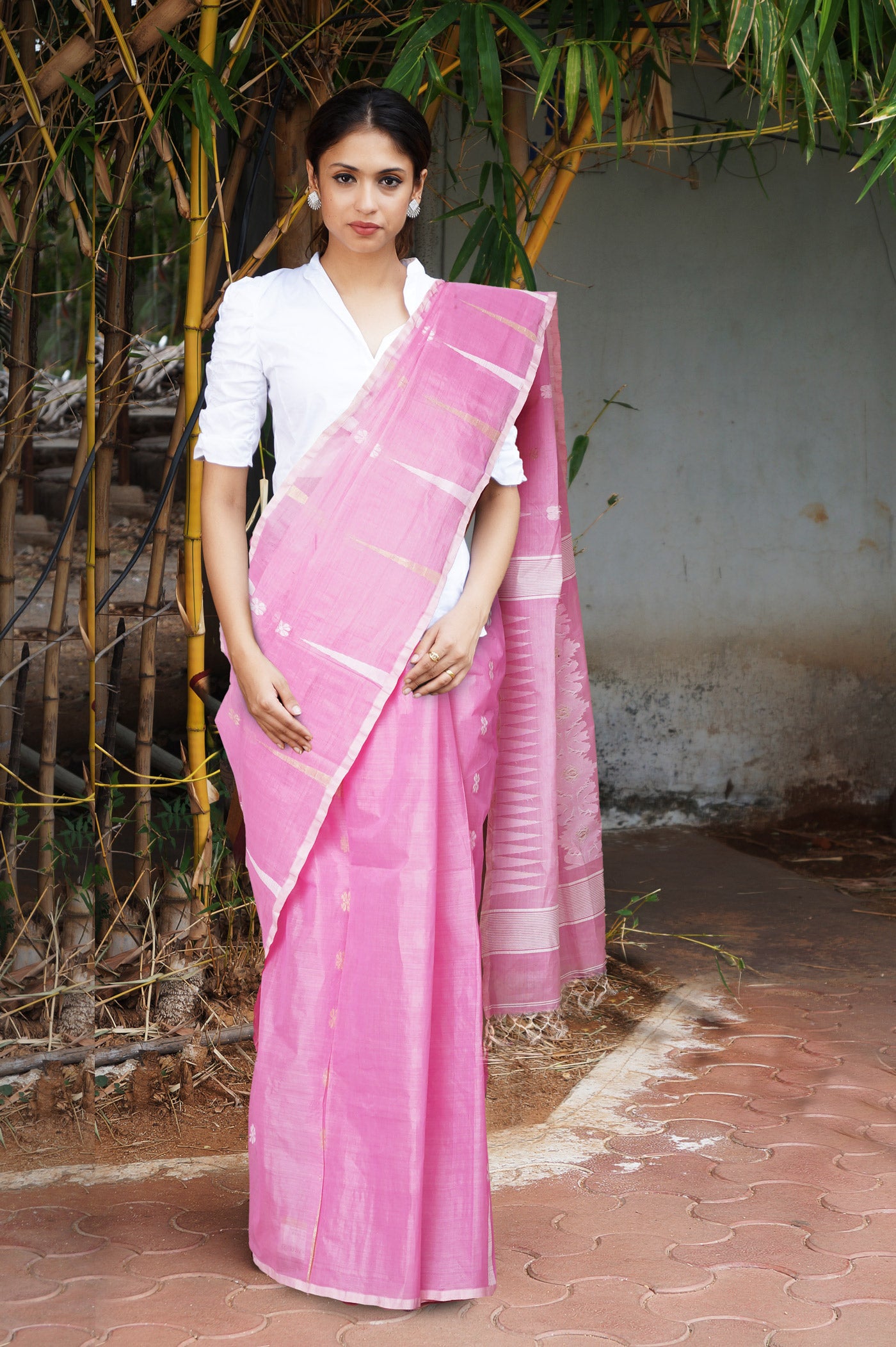 Pink PureHandloom Tussar Jamdhani Bengal Cotton Saree-UNM81065