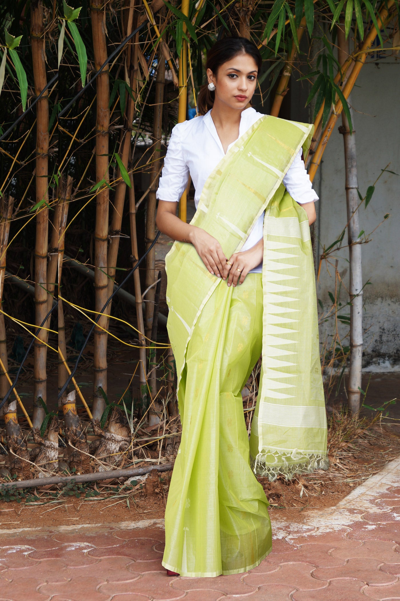 Green Pure Handloom Tussar Jamdhani Bengal Cotton Saree-UNM81067