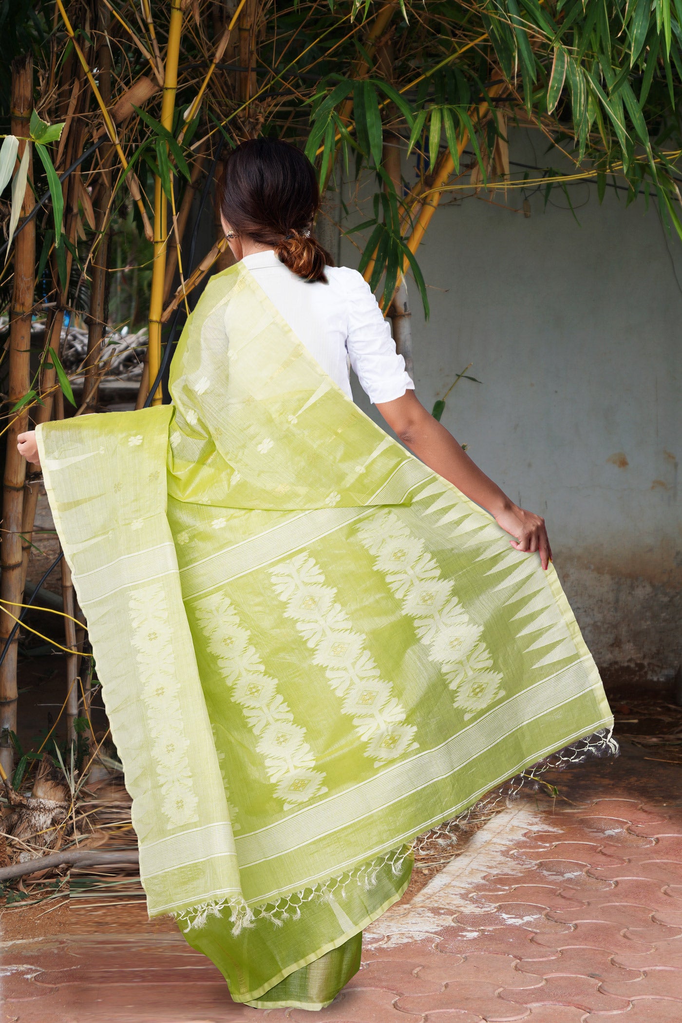 Green Pure Handloom Tussar Jamdhani Bengal Cotton Saree-UNM81067