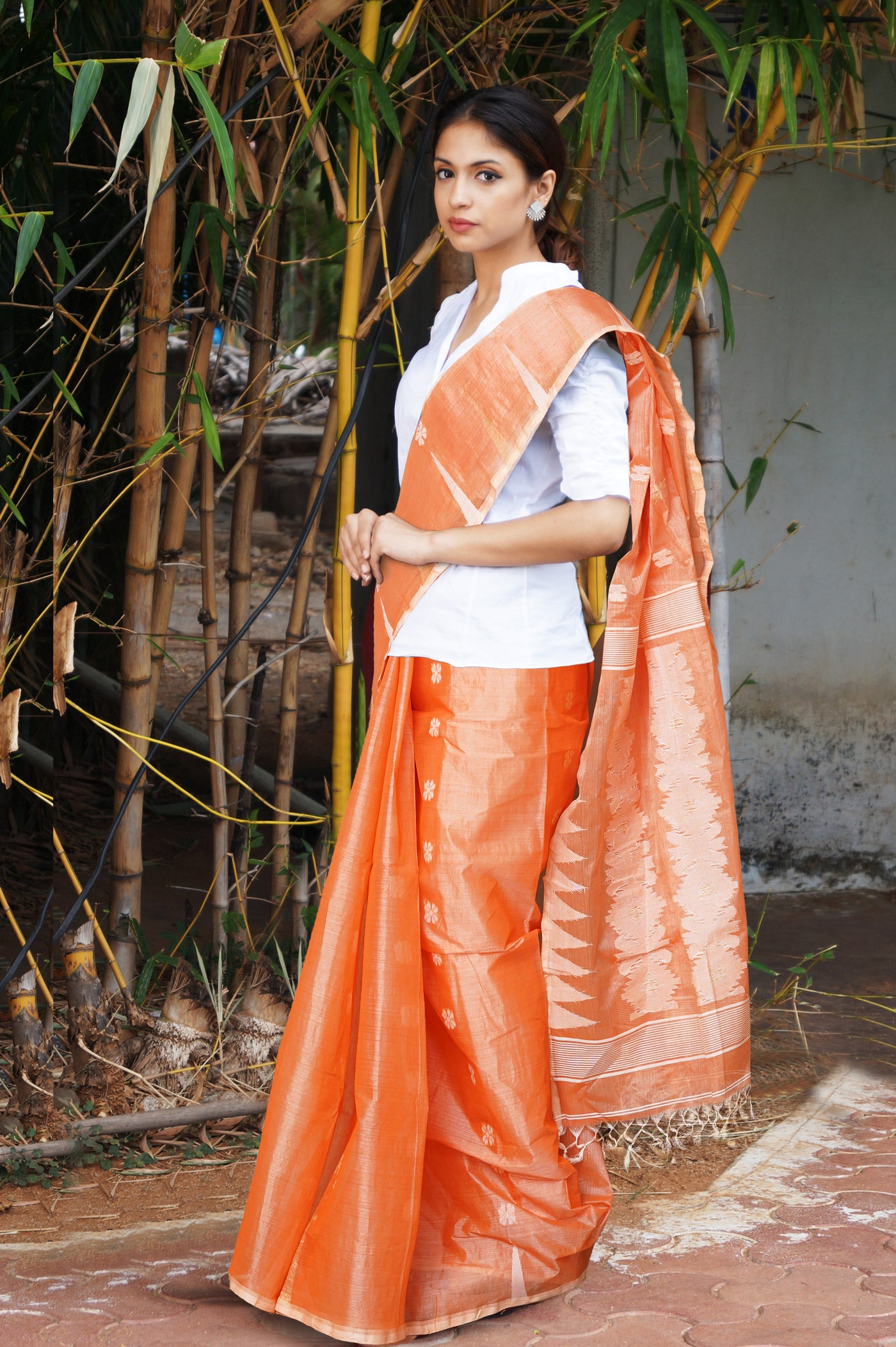 Orange Pure Handloom Tussar Jamdhani Bengal Cotton Saree-UNM81068