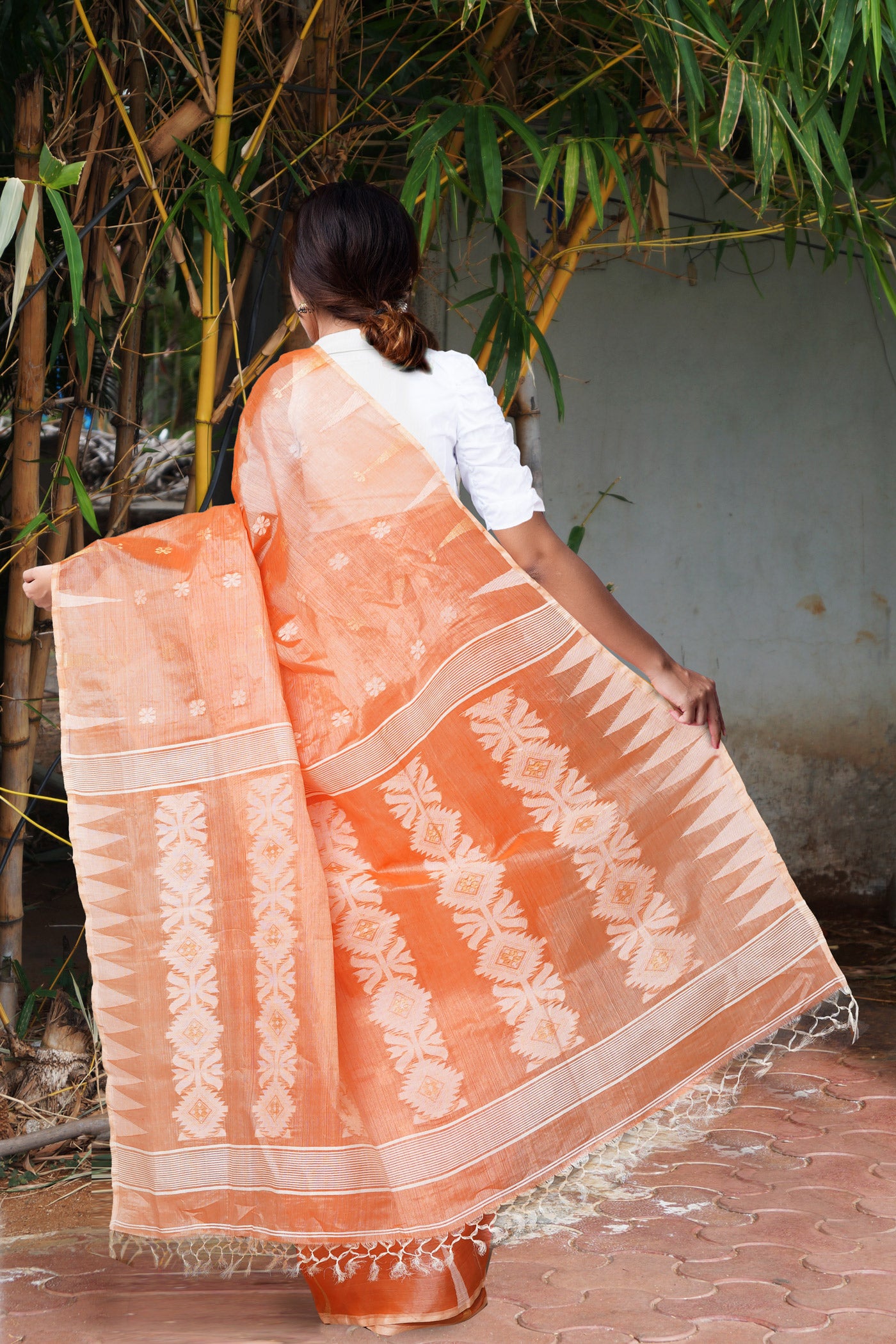 Orange Pure Handloom Tussar Jamdhani Bengal Cotton Saree-UNM81068