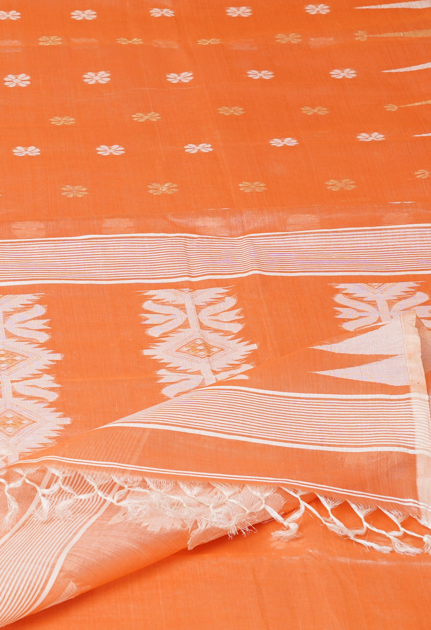 Orange Pure Handloom Tussar Jamdhani Bengal Cotton Saree-UNM81068