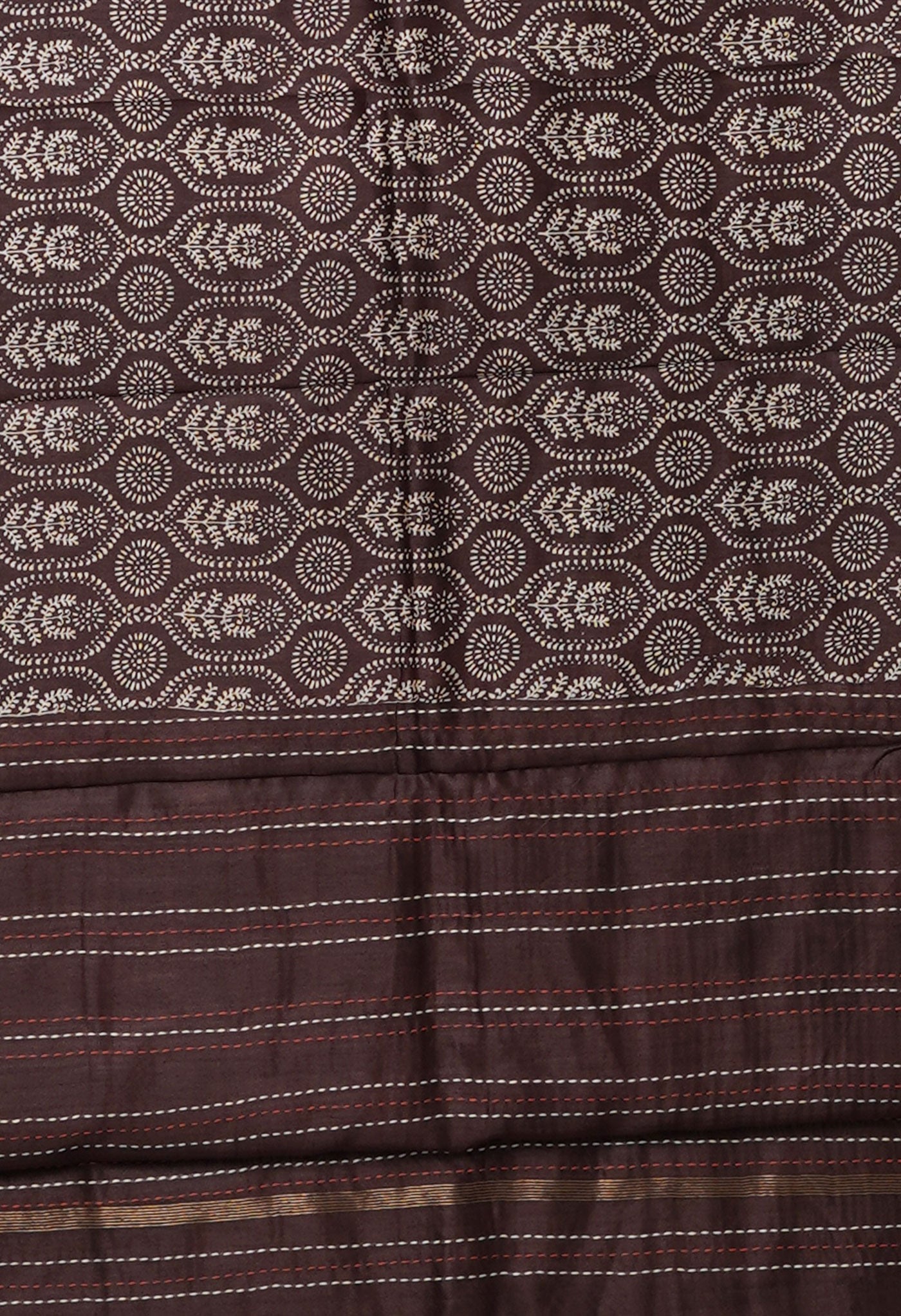 Brown Pure Bagru Printed With Kantha work Chanderi Sico Saree-UNM81069