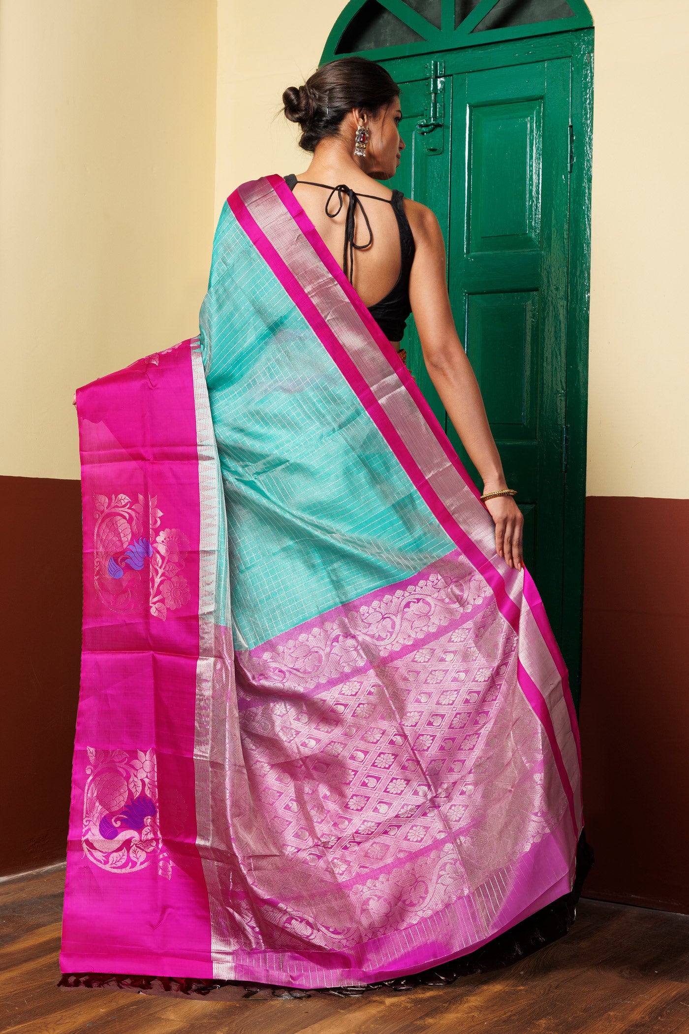 Pale Green-Pink Pure Handloom Assam Sico Saree-UNM81095