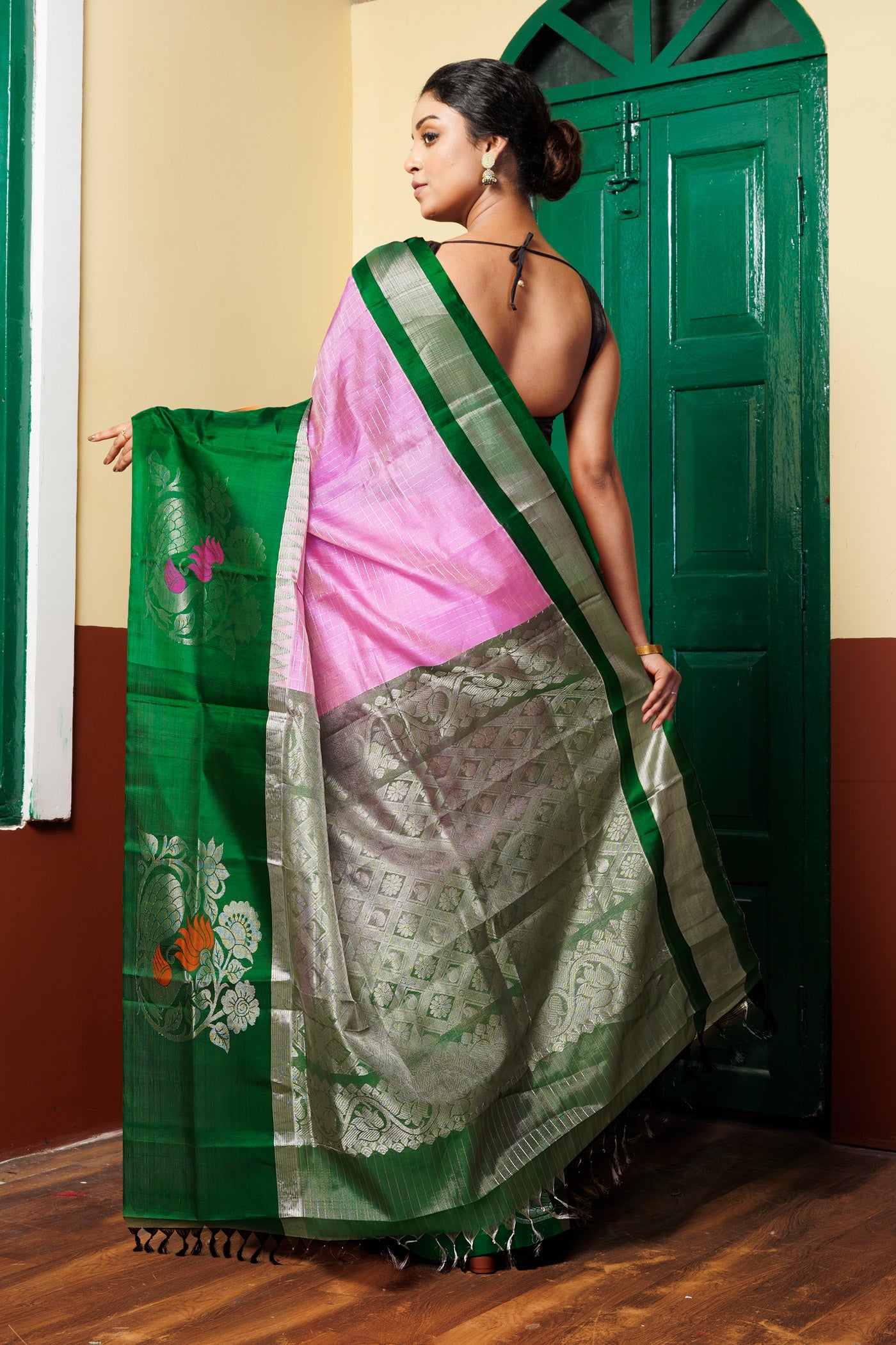 Pink-Green Pure Handloom Assam Sico Saree-UNM81096