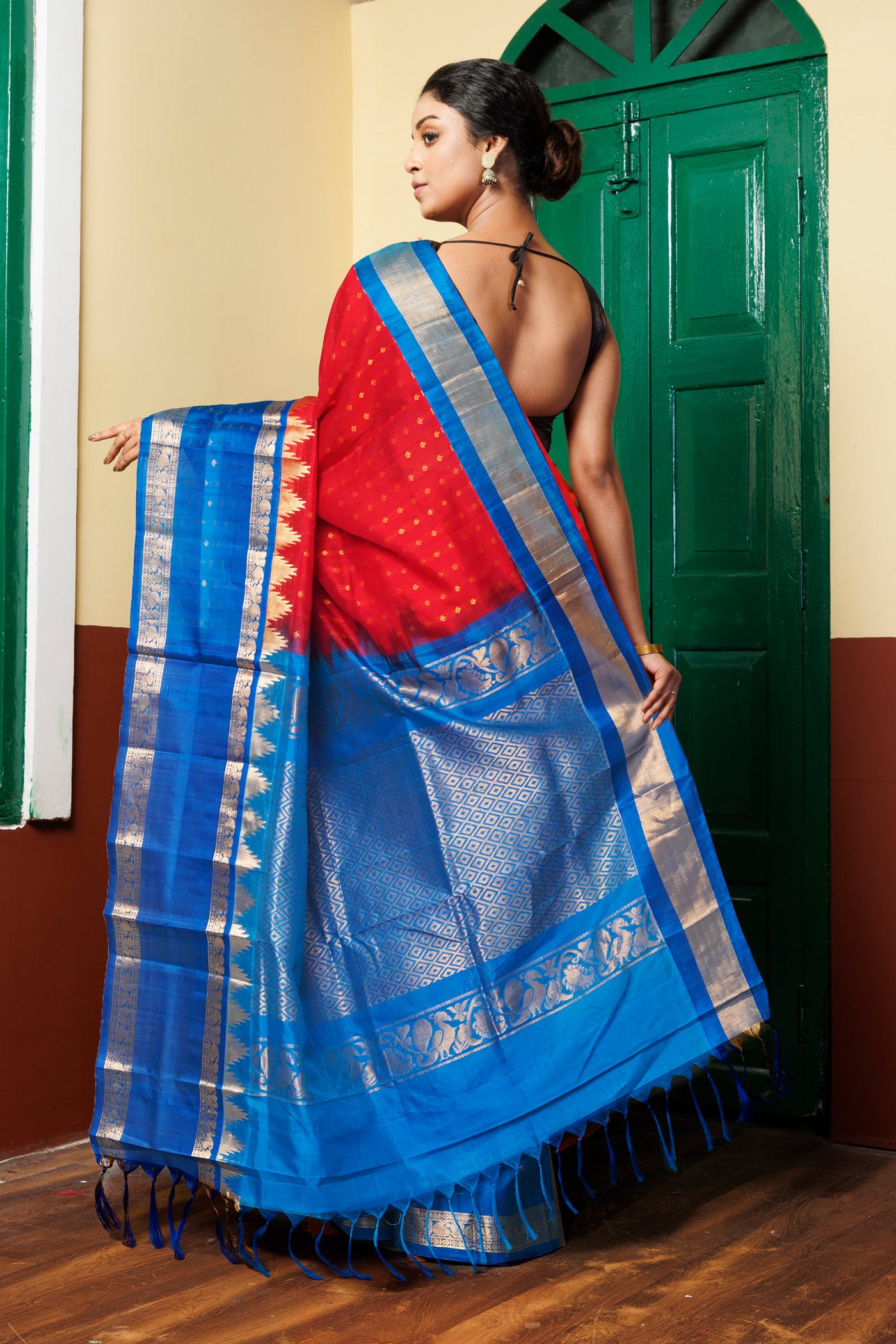 Red-Blue Pure Handloom Assam Sico Saree-UNM81102