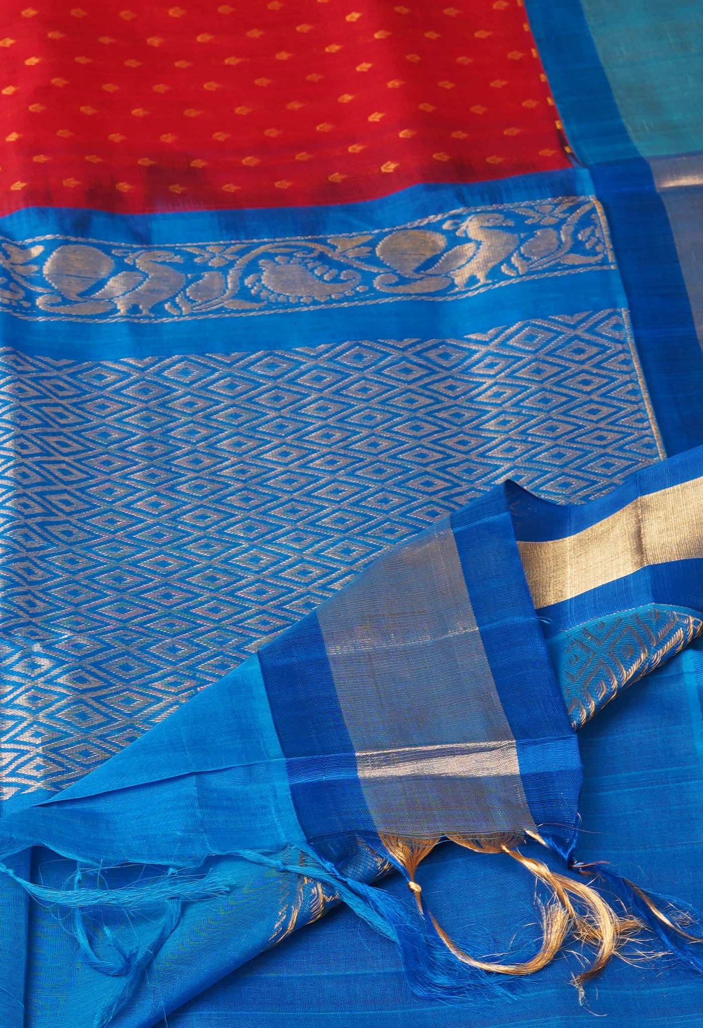 Red-Blue Pure Handloom Assam Sico Saree-UNM81102