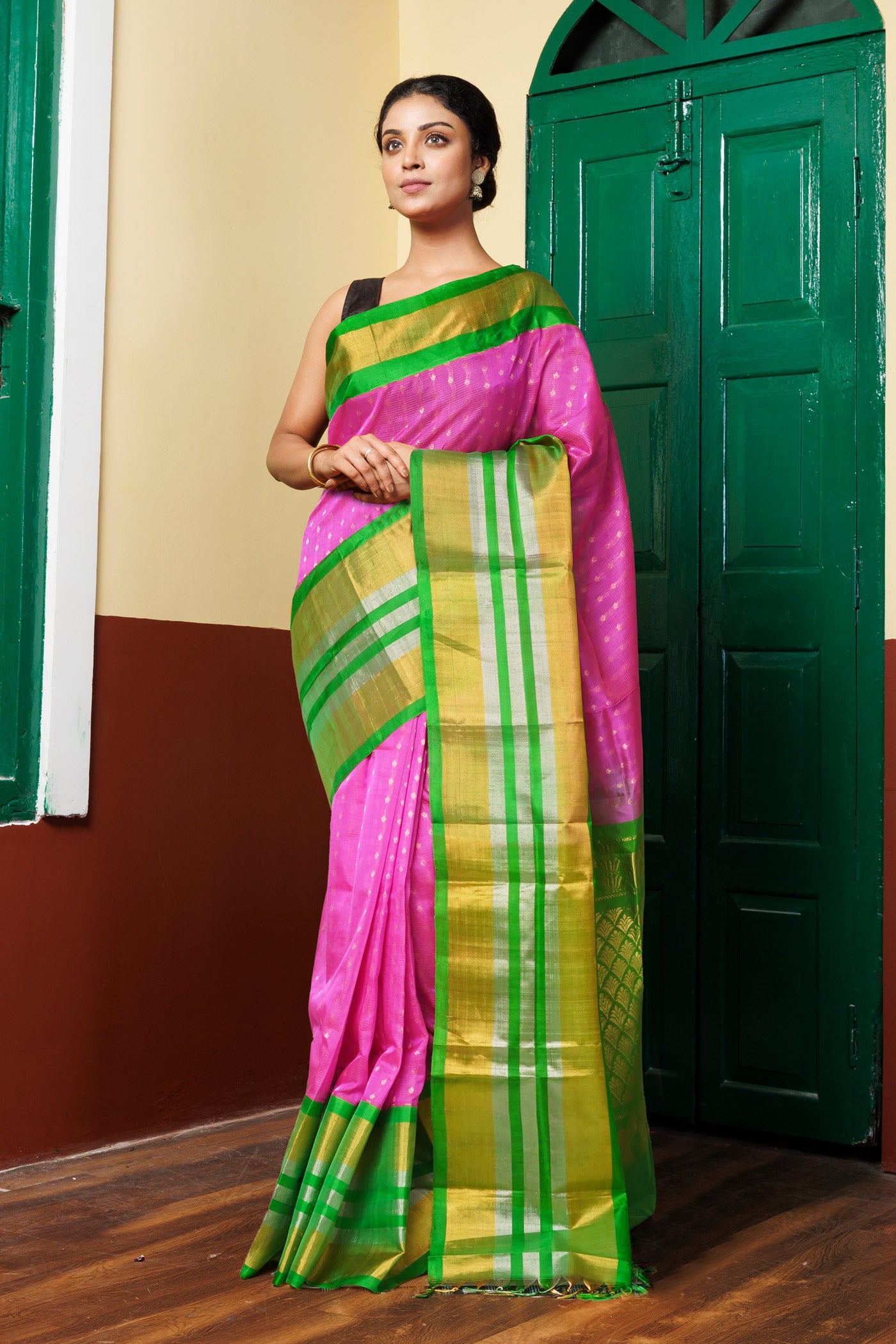 Pink-Green Pure Handloom Assam Sico Saree-UNM81108