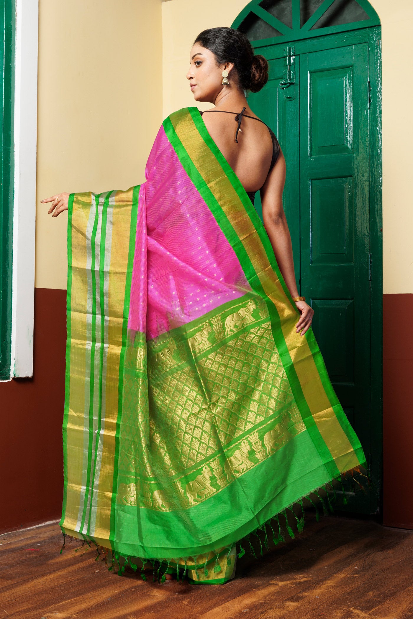 Pink-Green Pure Handloom Assam Sico Saree-UNM81108