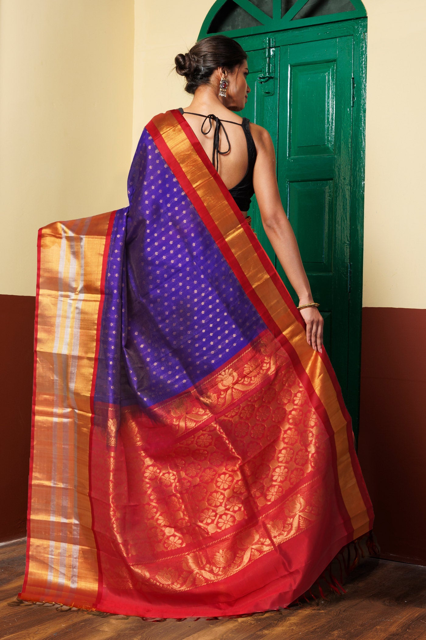 Dark Blue-Red Pure Handloom Assam Sico Saree-UNM81109