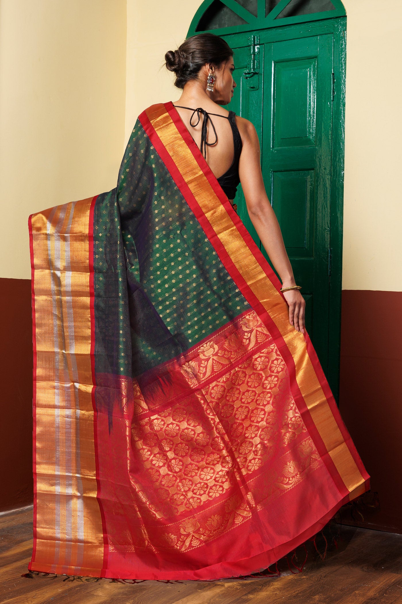 Dark Green-Red Pure Handloom Assam Sico Saree-UNM81110