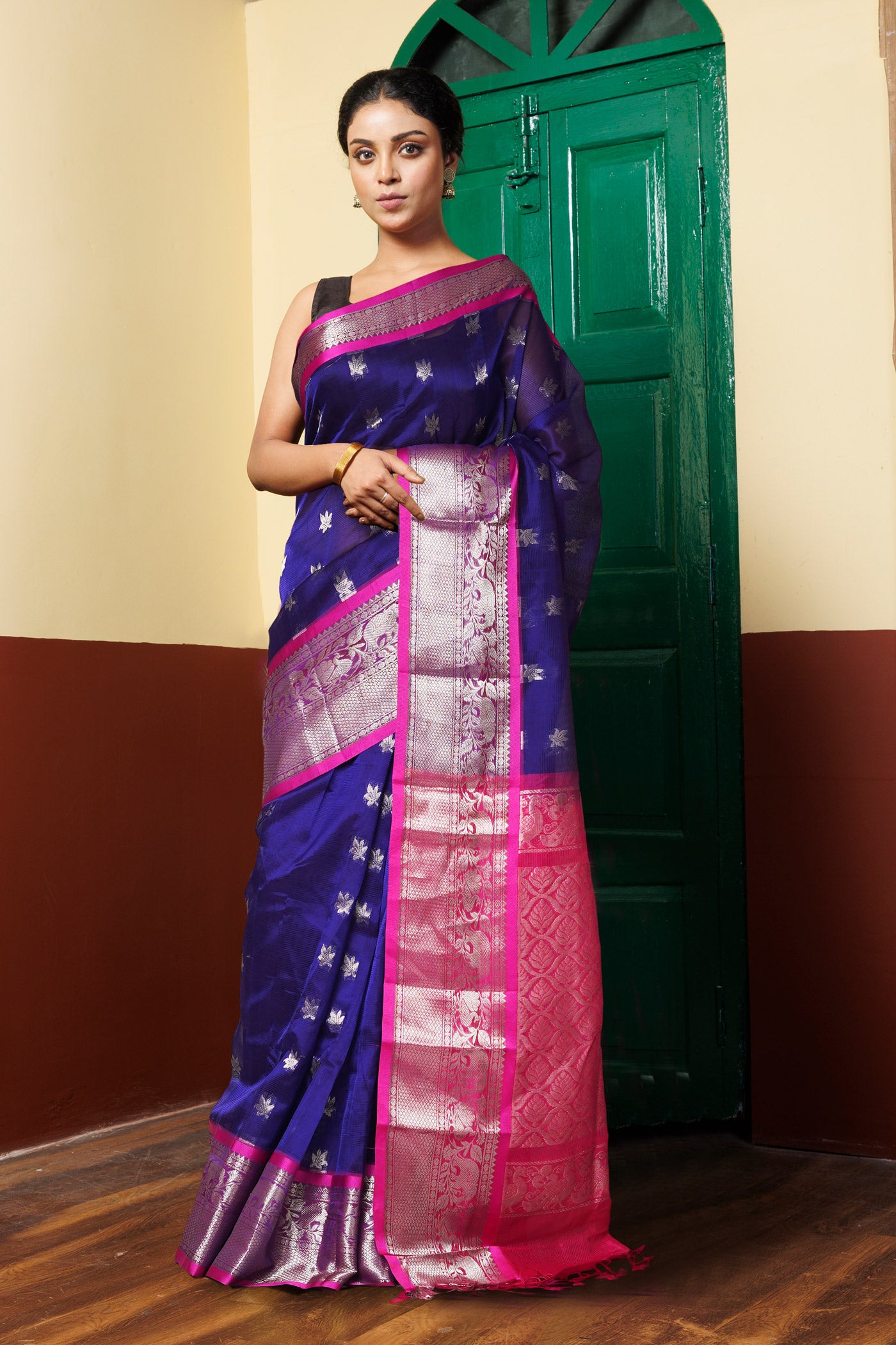 Dark Blue-Pink Pure Handloom Assam Sico Saree-UNM81111