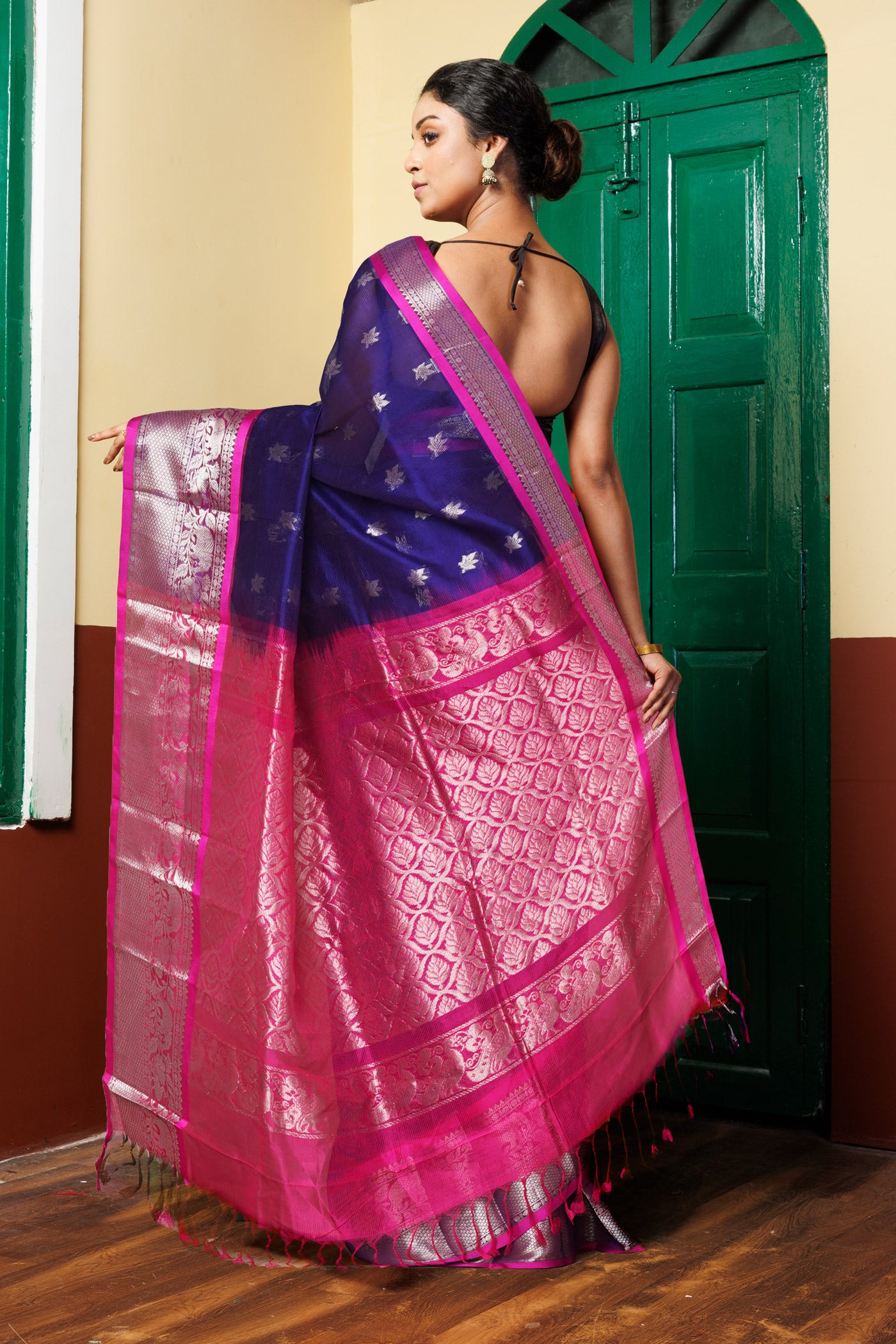 Dark Blue-Pink Pure Handloom Assam Sico Saree-UNM81111