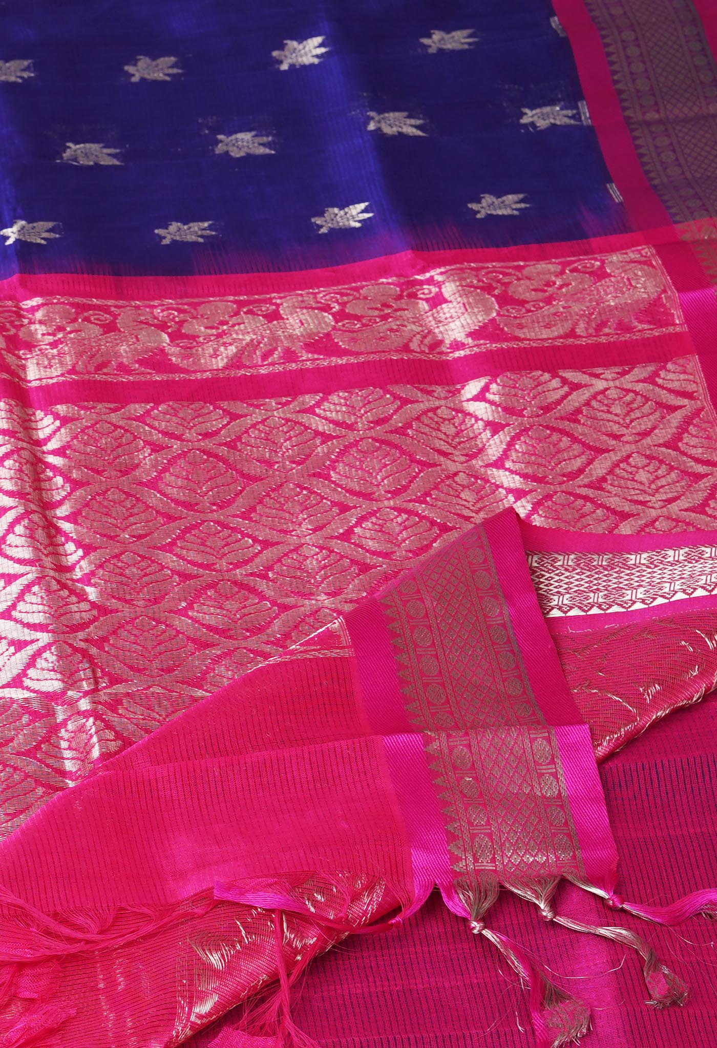 Dark Blue-Pink Pure Handloom Assam Sico Saree-UNM81111