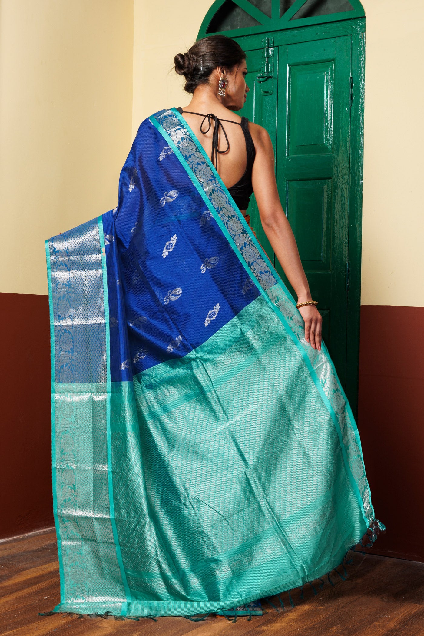 BlueTurquoise Blue Pure Handloom Assam Sico Saree-UNM81112